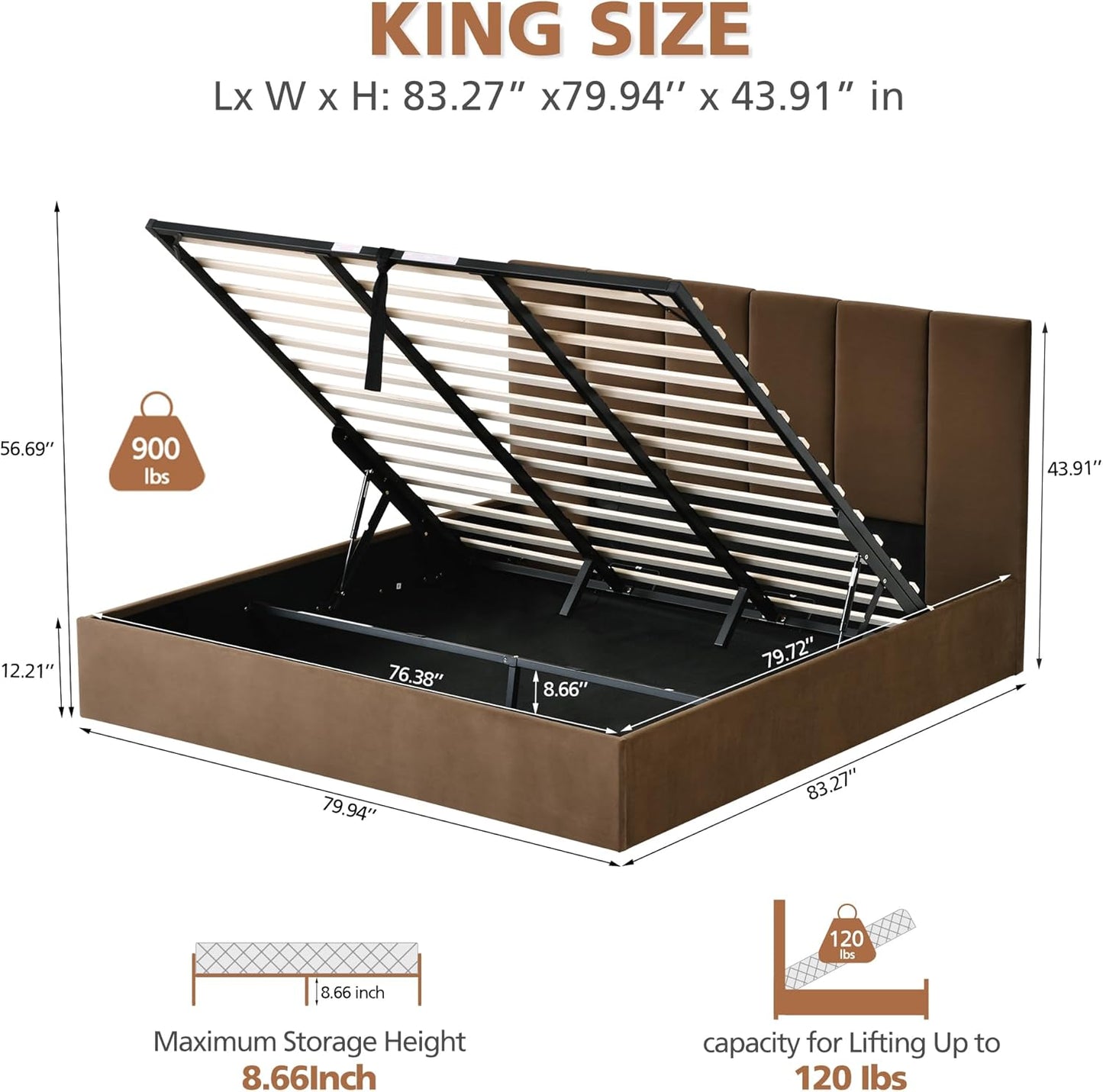 VELOCAVA Lift-Up Storage Bed, Modern Platform Bed with Vertical Panel Headboard, Hydraulic Gas Lift Storage, No Box Spring Needed, Easy Assembly, Velvet-Like Fabric, Brown