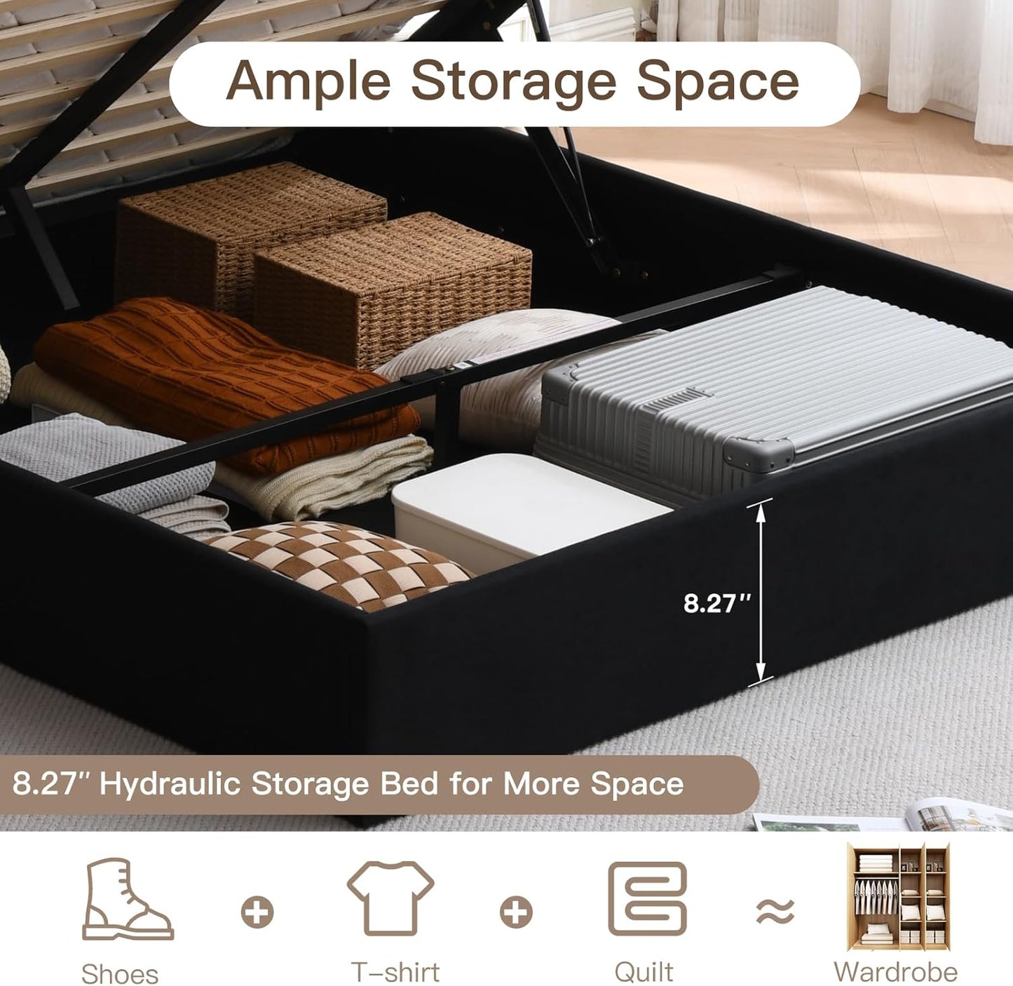 VELOCAVA Lift-Up Storage Bed, Black Linen-Textured Upholstered Platform Frame with Hydraulic Under-Bed Storage, Button-Tufted Headboard, Sturdy Wooden Slats, No Box Spring Needed