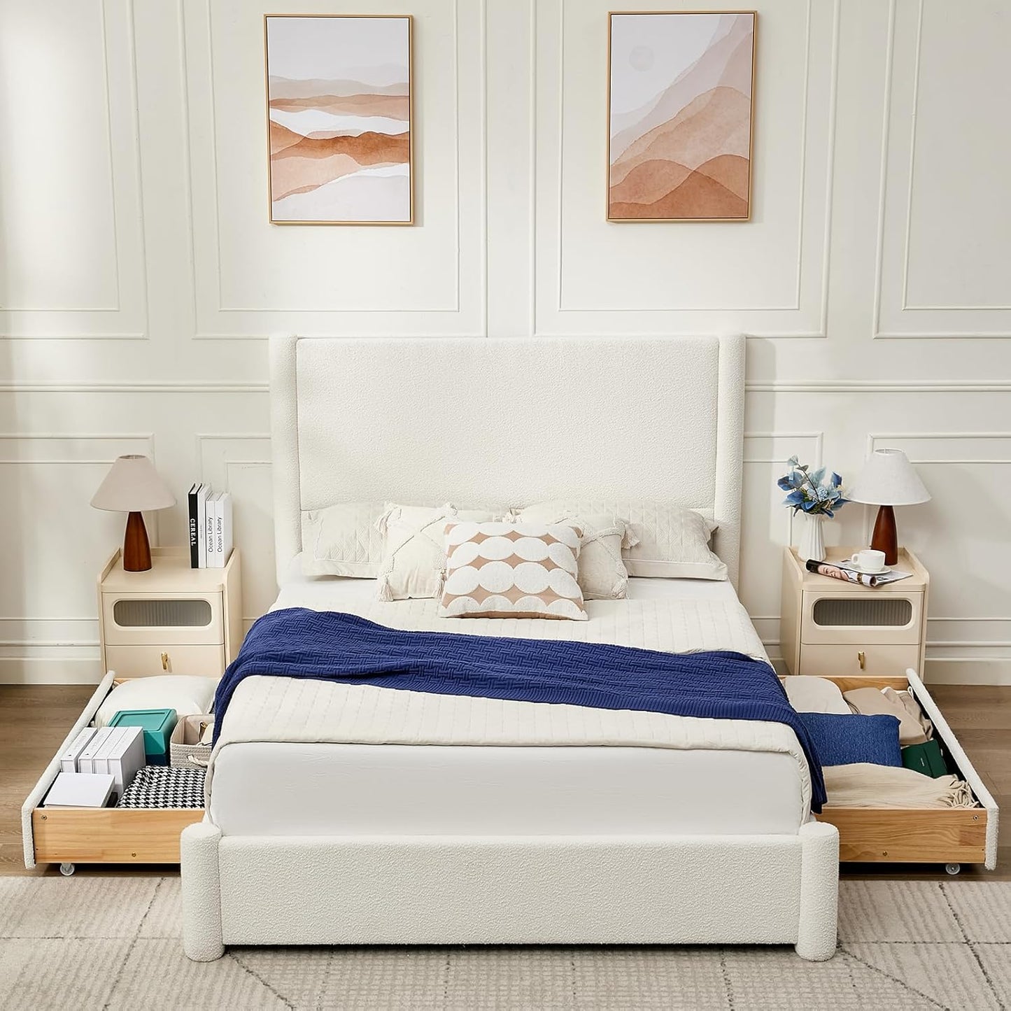 VELOCAVA Queen Size Upholstered Bed Frame with 51.77" Tall Headboard and Soft Rounded Corners, Side Storage Drawers, 12-Slat Support, No Box Spring Needed, Bouclé Texture, White