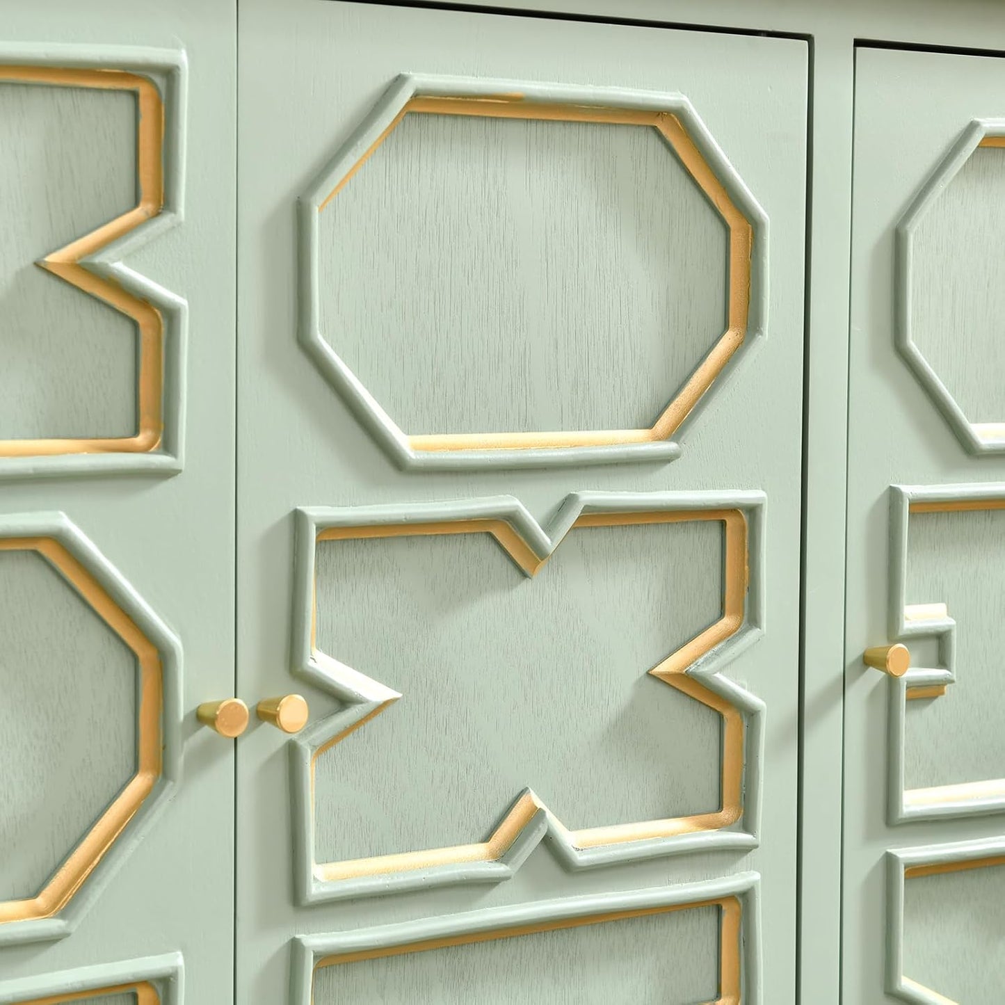 Vintage Green 3-Door Accent Cabinet with Geometric Gold-Trim Resin and Gold Handles, 40" Storage Sideboard with Adjustable Shelf, Buffet Cabinet for Dining Room, Entryway, or Living Room