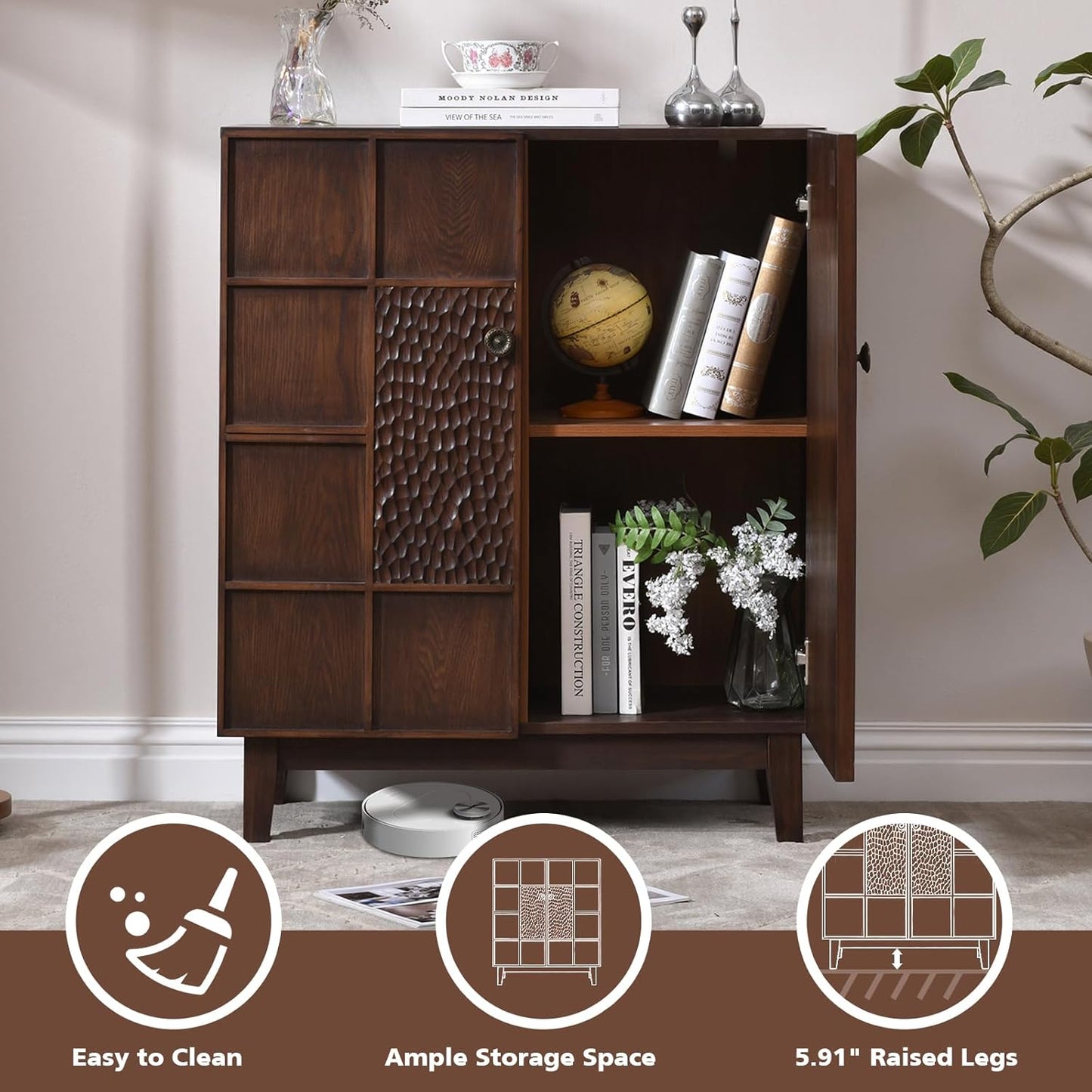Mid-Century Modern Accent Cabinet with Textured Doors, 4-Cube Storage Cabinet, Walnut Wood Storage Cabinet for Living Room, Entryway or Dining Room, 31.5" Wide
