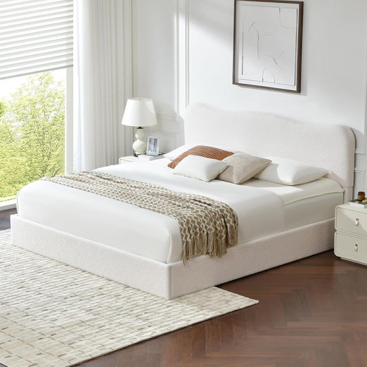 VELOCAVA Lift-Up Storage Bed, Modern Upholstered Boucle Bed with Curved Headboard, Gas Lift Platform, Sturdy Wooden Slat Support, No Box Spring Needed, Easy Assembly, Cream White