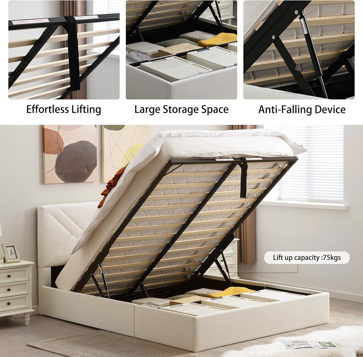 VELOCAVA Full Size Hydraulic Storage Bed with Modern Geometric Headboard Velvet,Lift-Up Storage, No Box Spring Needed, Cream
