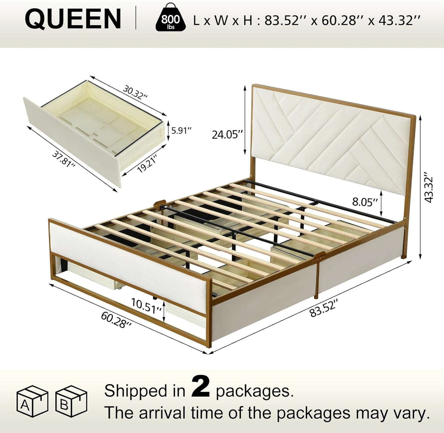 VELOCAVA Metal Upholstered Bed with 4 Storage Drawers, Velvet Platform Storage Bedframe with Headboard, Wooden Slats Support, No Box Spring Needed, Cream