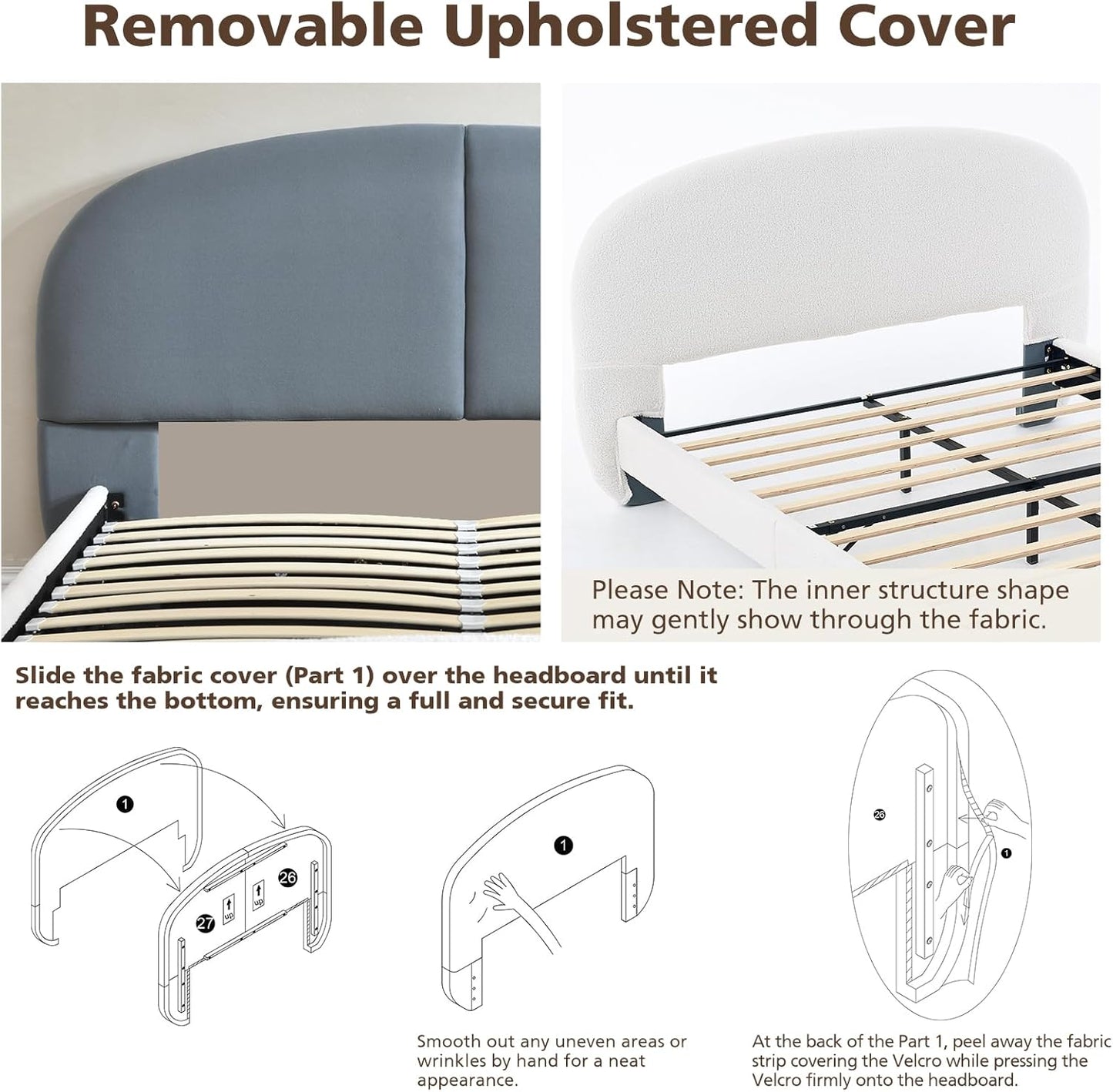 VELOCAVA Upholstered Platform Bed Frame, Curved Silhouette Headboard &amp; Footboard, Bouclé Texture, Removable Headboard Cover, 11 Plywood Slats, No Box Spring Needed, Cream White
