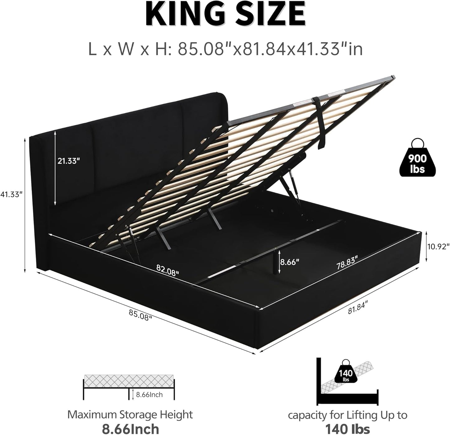 VELOCAVA Lift Up Storage Bed Frame, Velvet-Look Upholstered Bed with Modern Wingback Headboard, Gas Lift Storage, Space Saving Design, No Box Spring Needed, Black