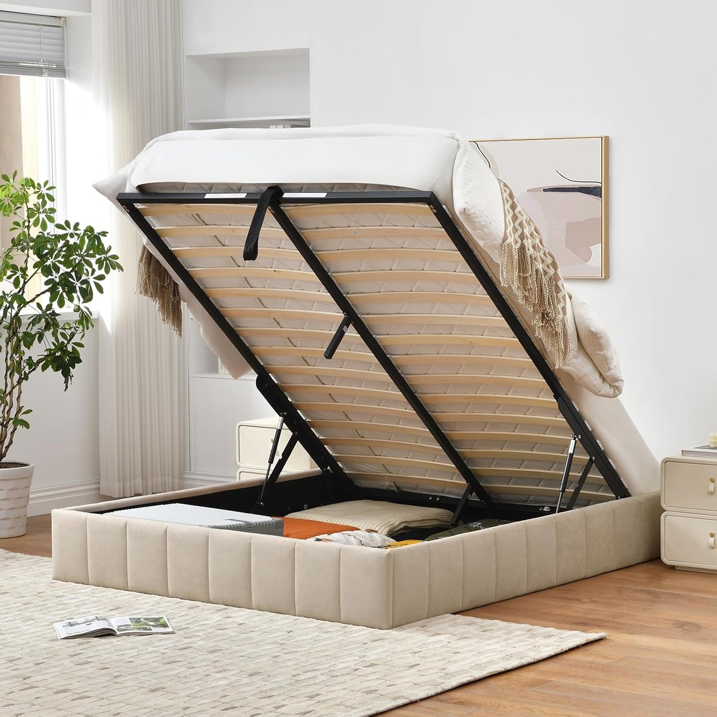 VELOCAVA Lift Up Storage Bed Frame, Upholstered Platform Bed with Gas Hydraulic Lift, No Headboard, Underbed Storage Space, Wooden Slats Support, No Spring Box Needed, Beige