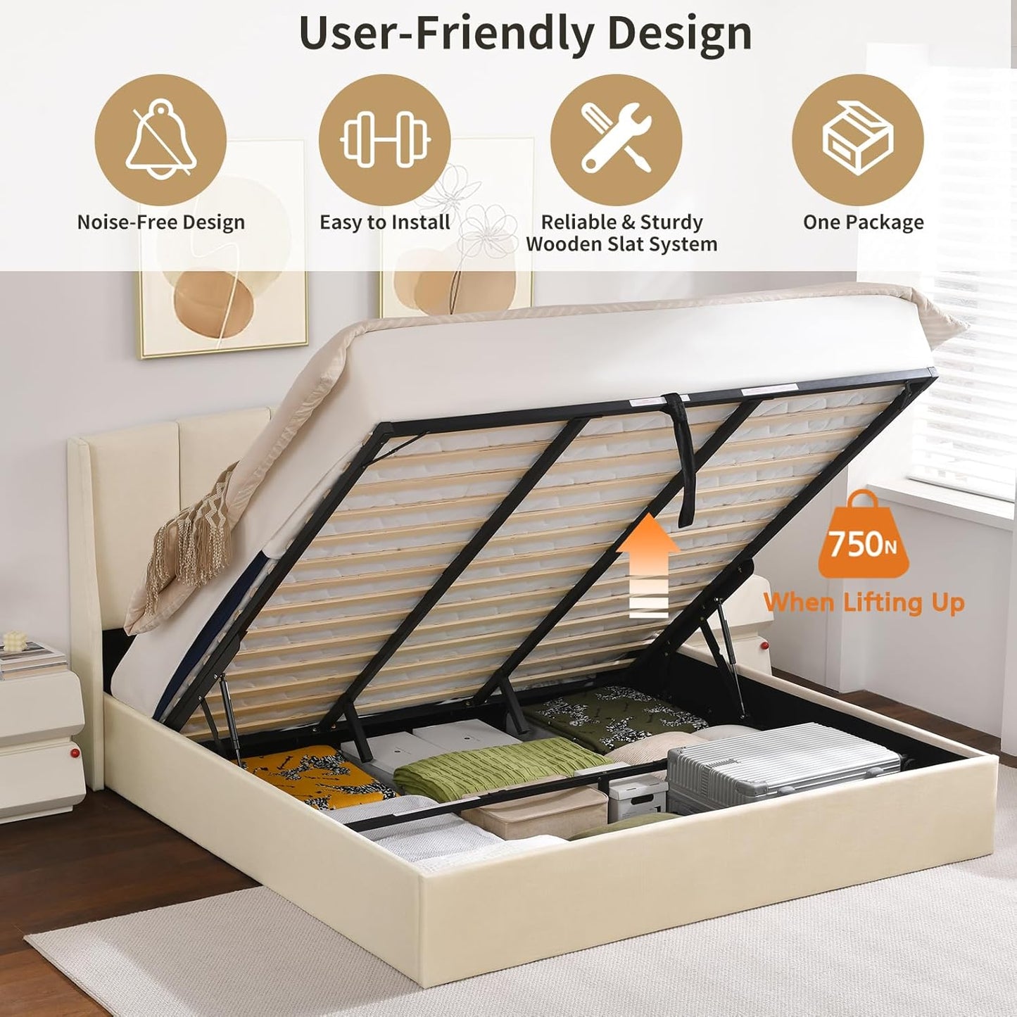 VELOCAVA Lift Up Storage Bed, Soft Upholstered Beds with Hydraulic Mechanism, Modern Wingback Headboard with Vertical Channel Design, Wooden Slat Support, Easy Assembly, Beige