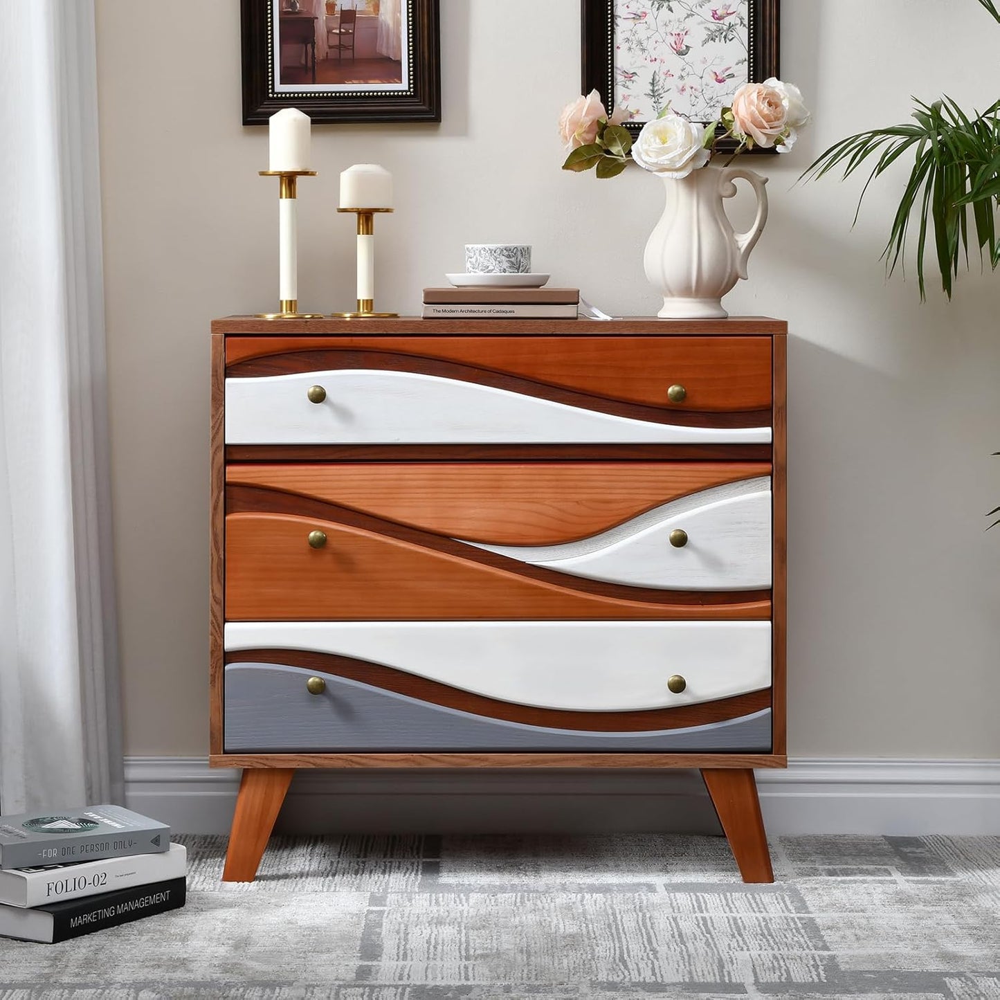 3-Drawer Dresser with Sculpted Wave Fronts, Tri-Color Drawer Design, Modern Chest of Drawers Storage Cabinet for Bedroom, Living Room, Hallway, or Office