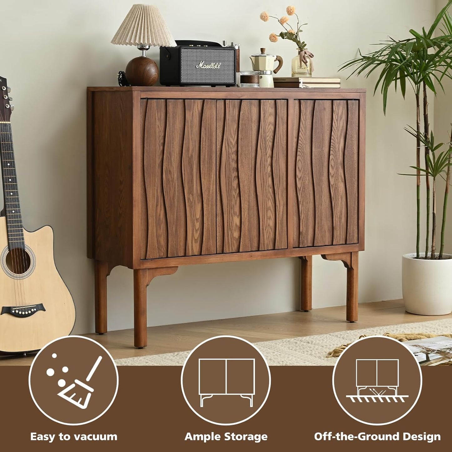 Ahokua Mid-Century Modern Sideboard with Wave Doors, 3-Door Push-to-Open Storage Cabinet, Walnut Accent Buffet with Adjustable Shelves for Dining Room, Entryway, or Living Room