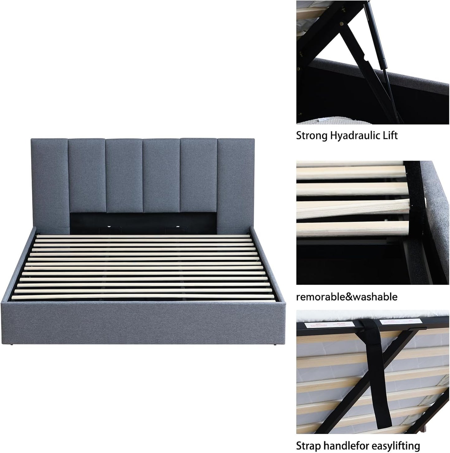 VELOCAVA Hydraulic Lift Storage Bed Frame, Dark Gray Linen-Look Upholstered Platform Bed with Vertical Panel Headboard, Hidden Under-Bed Storage, No Box Spring Needed