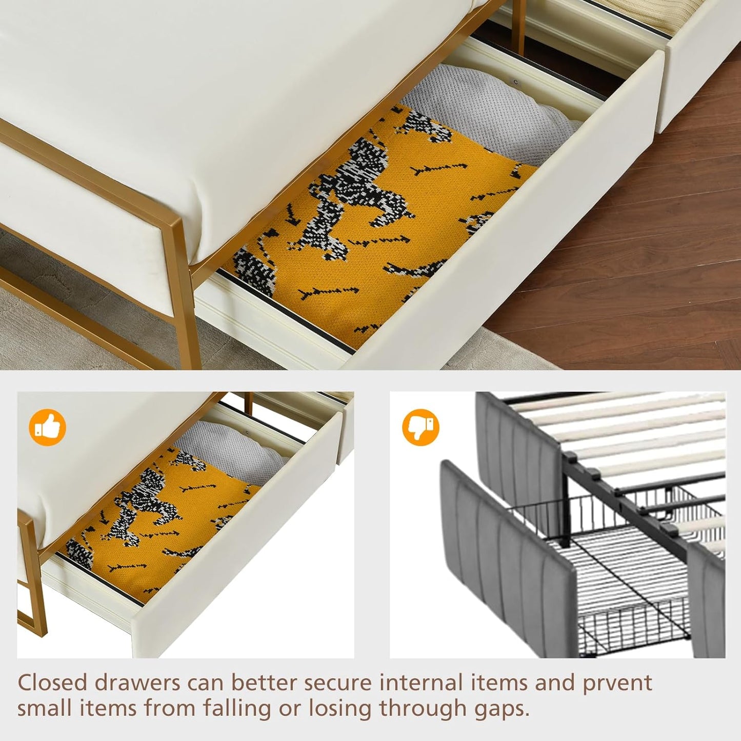 VELOCAVA Metal Upholstered Bed with 4 Storage Drawers, Velvet Platform Storage Bedframe with Headboard, Wooden Slats Support, No Box Spring Needed, Cream