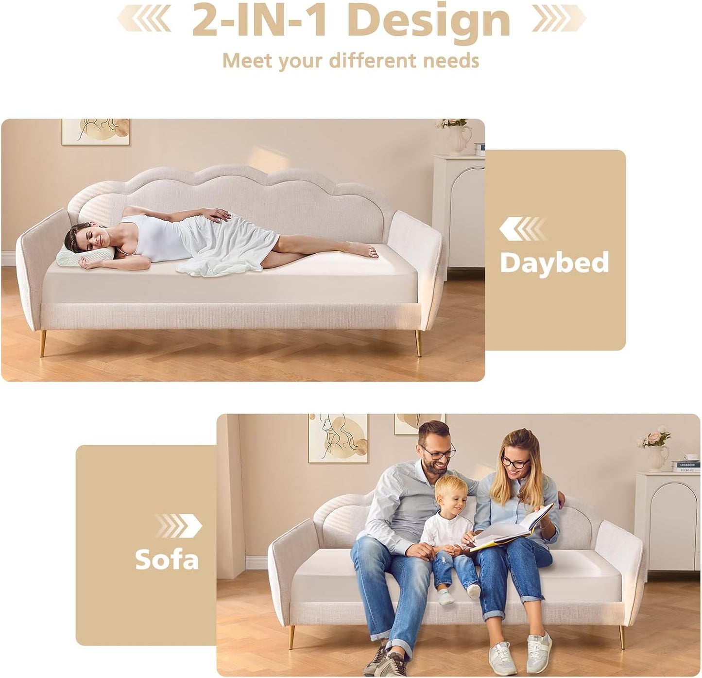 VELOCAVA Twin Size Upholstered Daybed with Cloud-Shaped Backrest, Modern Linen Sofa Bed with Metal Legs, Wood Slat Support for Bedroom, Living Room, Guest Room, Beige White