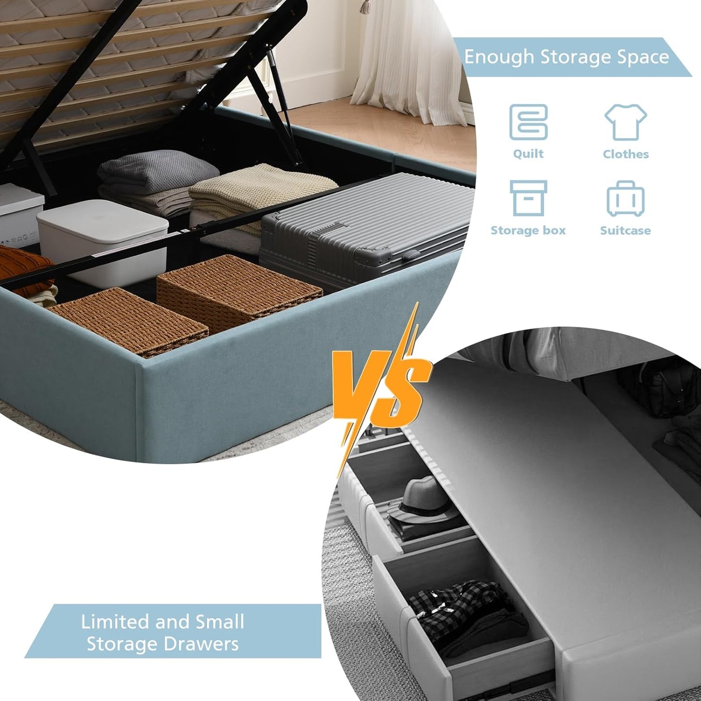 VELOCAVA Lift-Up Storage Bed, Dusty Blue Linen-Textured Upholstered Platform Frame with Button-Tufted Headboard, Modern Space-Saving Design, No Box Spring Required, Easy Assembly