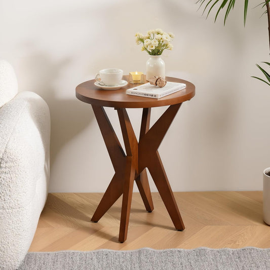 Mid-Century Modern Round End Table Set of 2, Walnut Brown Farmhouse Side Tables with MDF Top and Crossed Legs for Living Room, Bedroom, or Small Spaces
