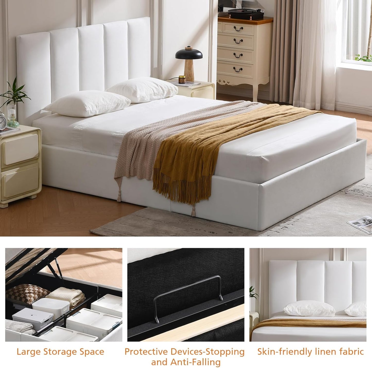 VELOCAVA Hydraulic Lift Storage Bed Frame, White Linen-Look Upholstered Platform Bed with Vertical Panel Headboard, Hidden Under-Bed Storage, No Box Spring Needed