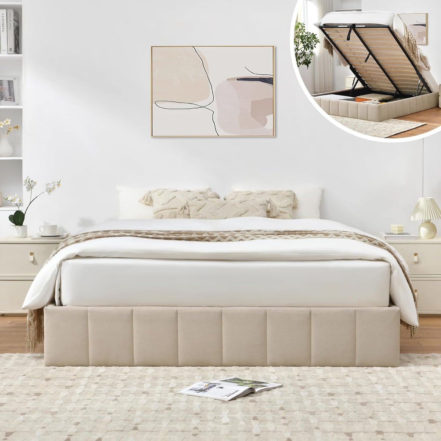 VELOCAVA Lift Up Storage Bed Frame, Upholstered Platform Bed with Gas Hydraulic Lift, No Headboard, Underbed Storage Space, Wooden Slats Support, No Spring Box Needed, Beige
