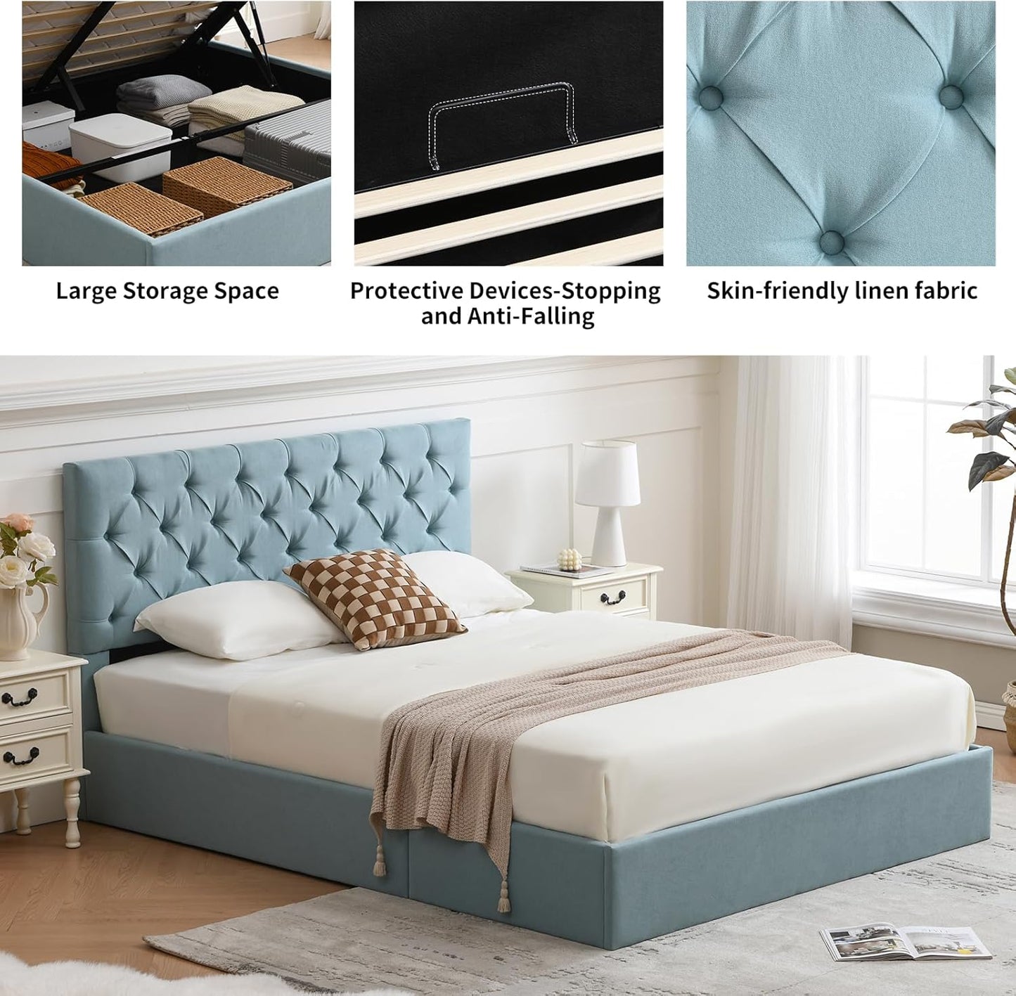 VELOCAVA Lift-Up Storage Bed, Dusty Blue Linen-Textured Upholstered Platform Frame with Button-Tufted Headboard, Modern Space-Saving Design, No Box Spring Required, Easy Assembly