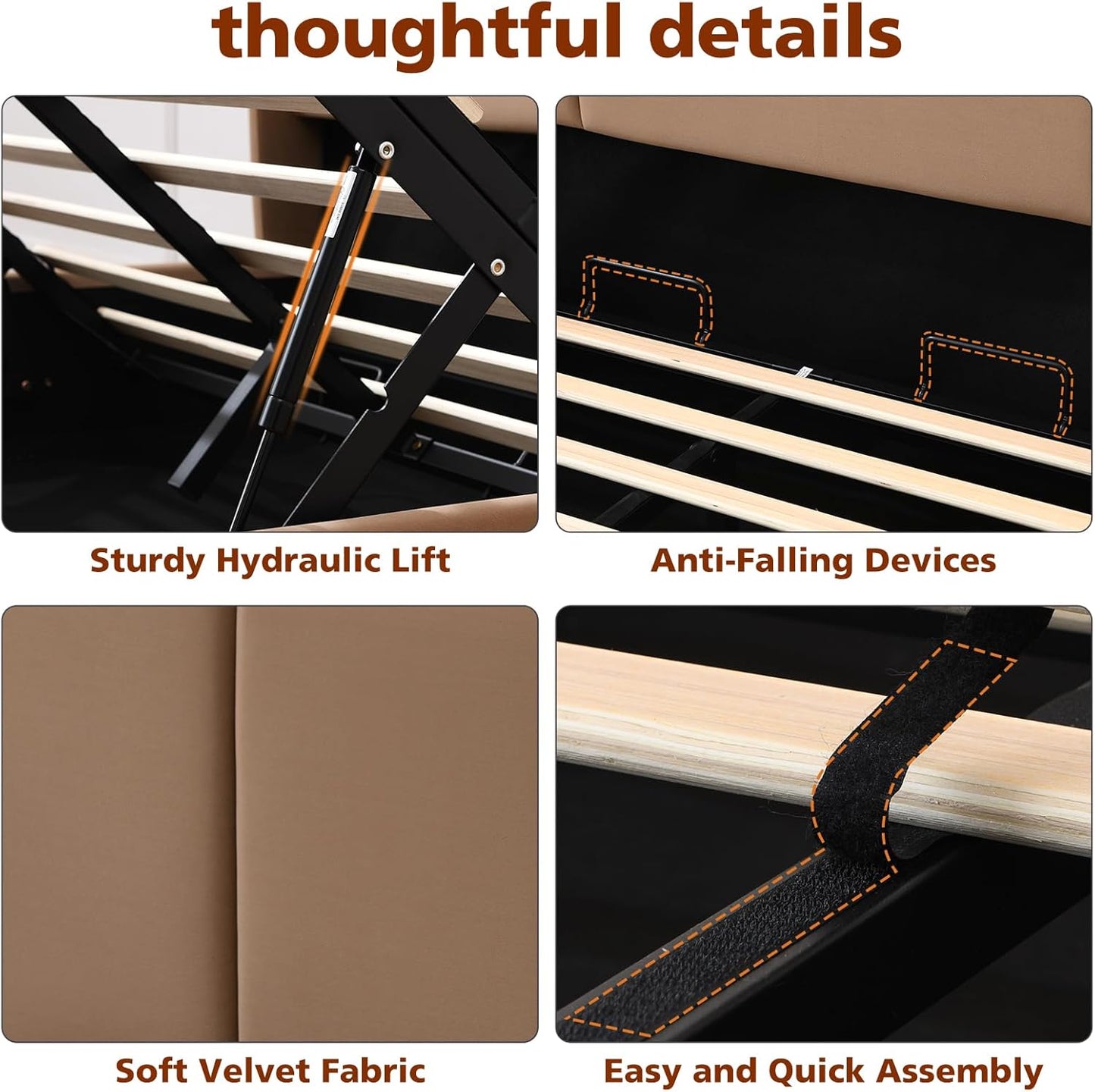 VELOCAVA Lift Up Storage Bed Frame, Velvet-Look Upholstered Bed with Modern Wing back Headboard, Hydraulic Lift Storage, Wood Slat Support, No Box Spring Needed, Brown