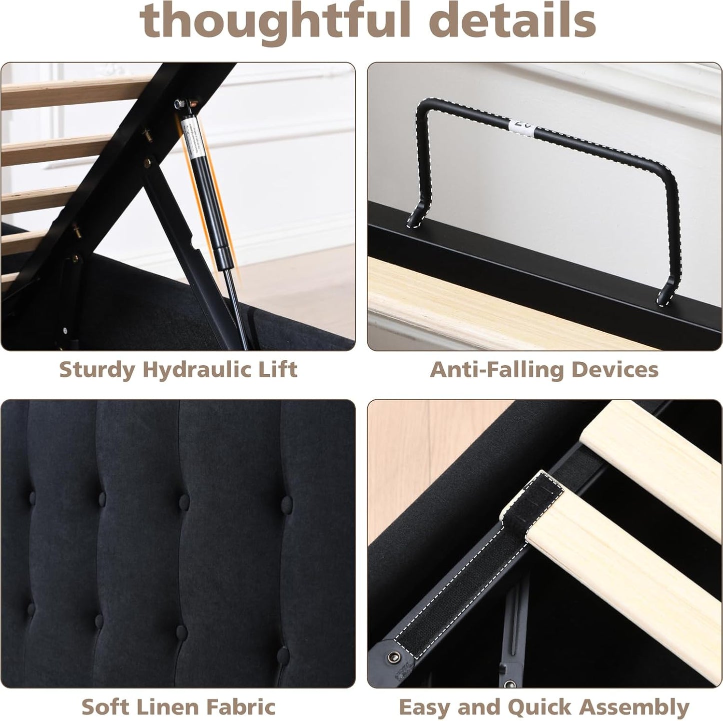 VELOCAVA Lift-Up Storage Bed, Black Linen-Textured Upholstered Platform Frame with Hydraulic Under-Bed Storage, Button-Tufted Headboard, Sturdy Wooden Slats, No Box Spring Needed