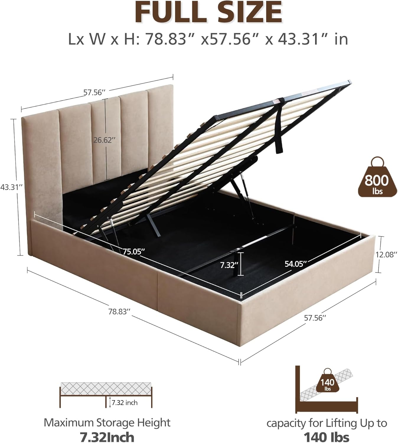VELOCAVA Hydraulic Lift Storage Bed Frame, Beige Linen Upholstered Platform Bed with Vertical Panel Headboard, Hidden Under-Bed Storage, Wooden Slat Support, No Box Spring Needed