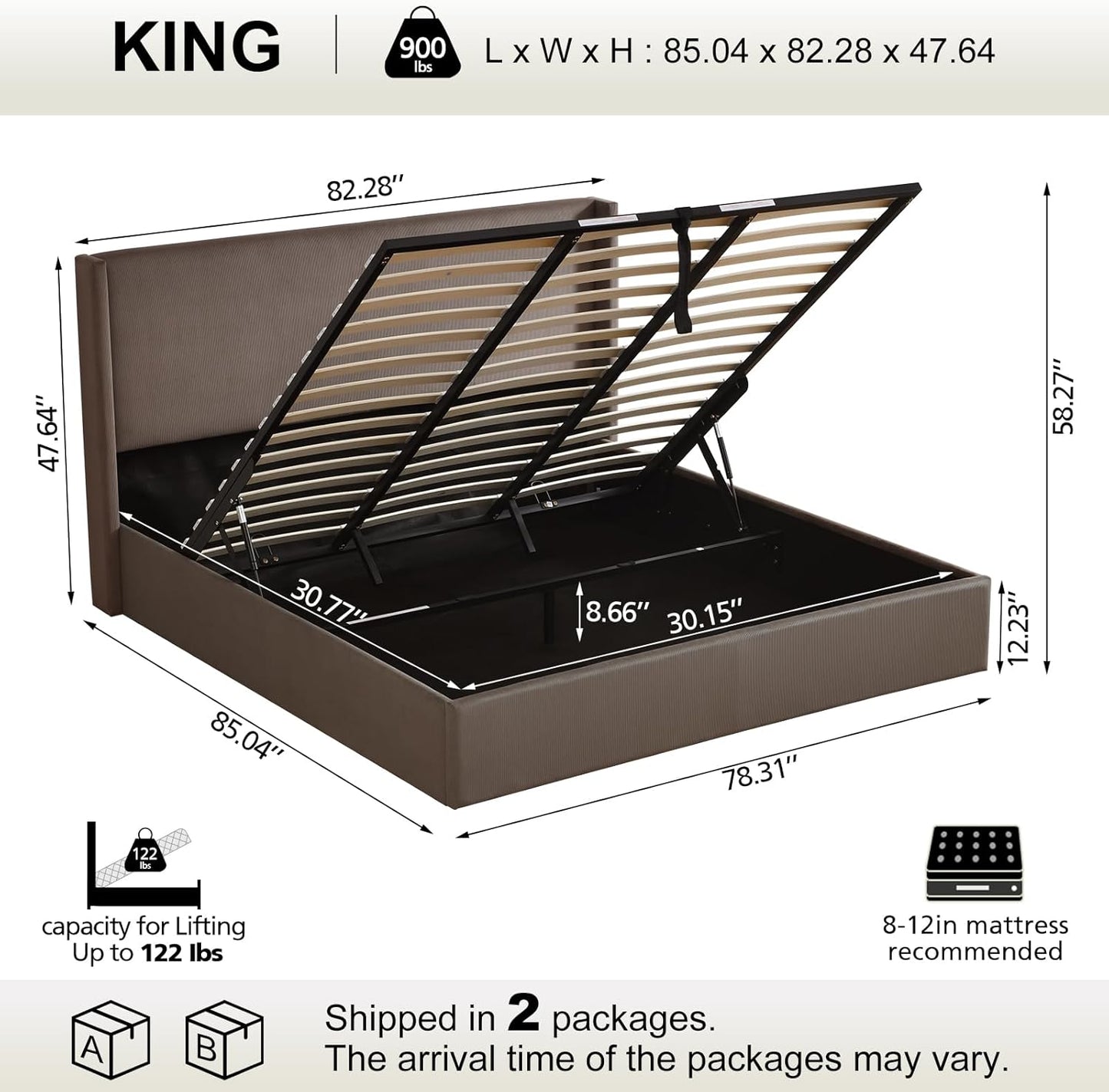 VELOCAVA Lift-Up Storage Bed, Modern Upholstered Corduroy Coffee Bed with Wingback Headboard, Hydraulic Lift Platform, Sturdy Wooden Slat Support, No Box Spring Needed, Easy Assembly