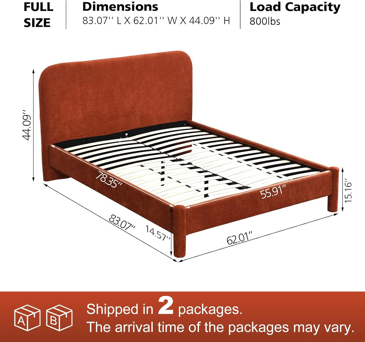 VELOCAVA Upholstered Platform Bed Frame with Curved Headboard and Cylindrical Legs, Rounded Corners Design, Sturdy 30-Slat Support, Easy Assembly, Linen-Blend Fabric, Burnt Terracotta