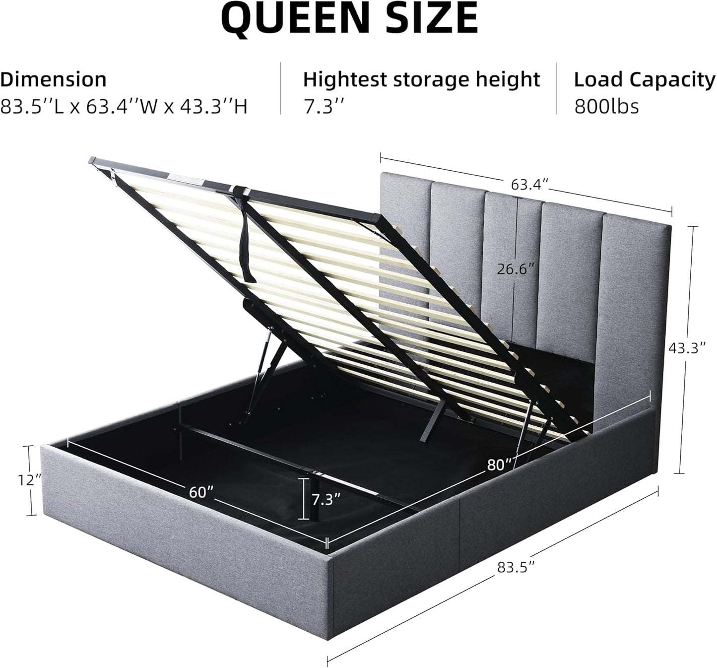 VELOCAVA Hydraulic Lift Storage Bed Frame, Dark Gray Linen-Look Upholstered Platform Bed with Vertical Panel Headboard, Hidden Under-Bed Storage, No Box Spring Needed