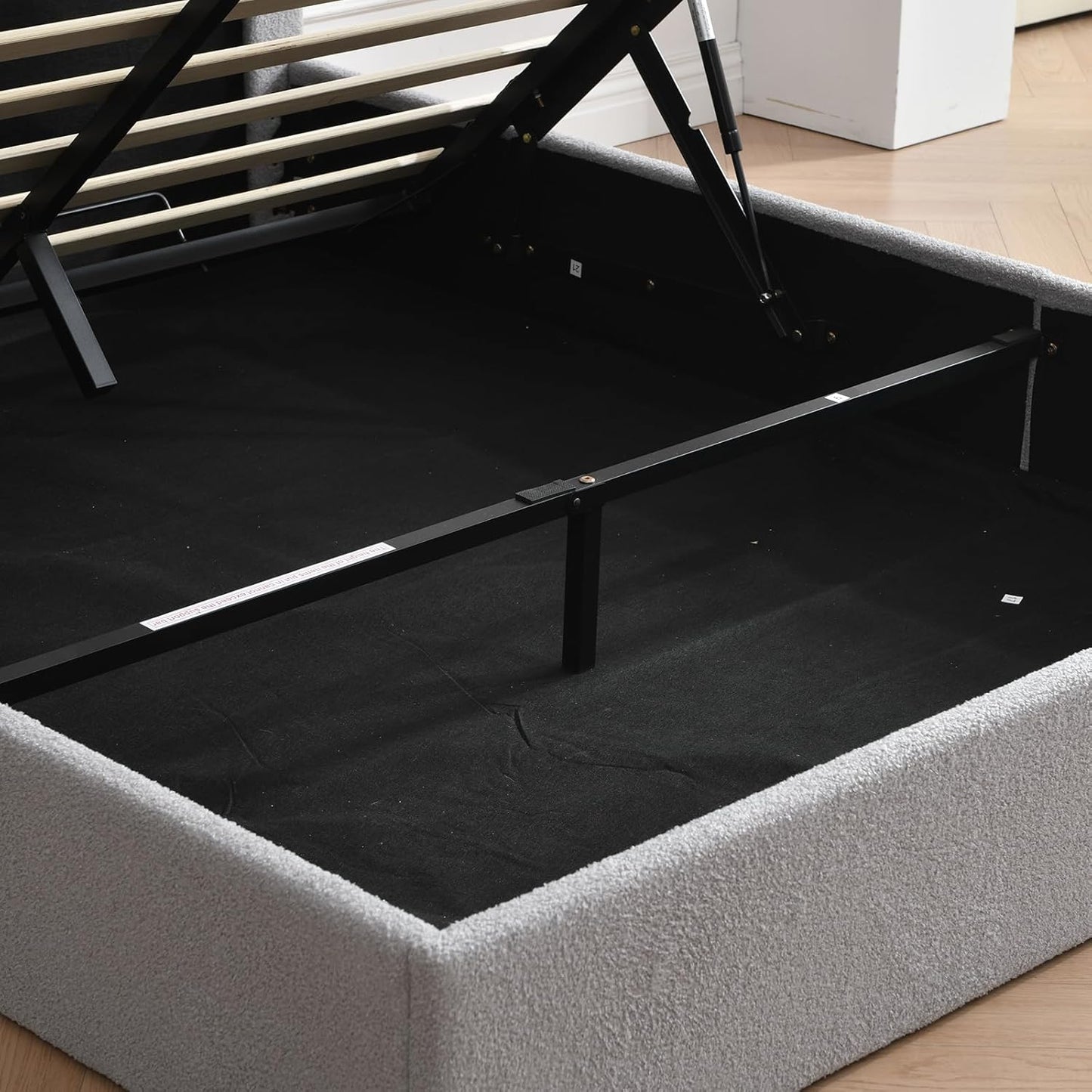 VELOCAVA Lift-Up Storage Bed, Modern Upholstered Boucle Bed with Curved Headboard, Gas Lift Platform, Sturdy Wooden Slat Support, No Box Spring Needed, Easy Assembly, Light Gray