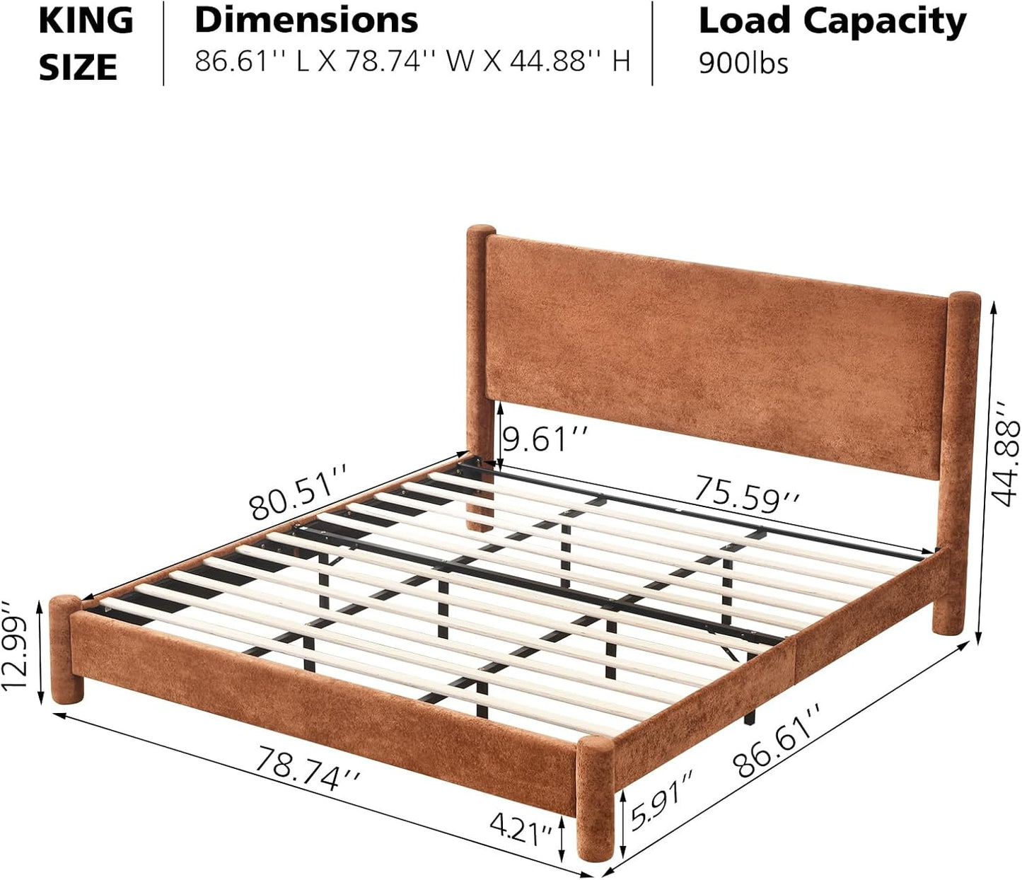 VELOCAVA Upholstered Platform Bed Frame with Soft Rounded Corners, 44.88" Tall Headboard, Luxury Plush Velvet Upholstery, 11 Slats &amp; 5 Center Legs, No Box Spring Needed, Rust Orange