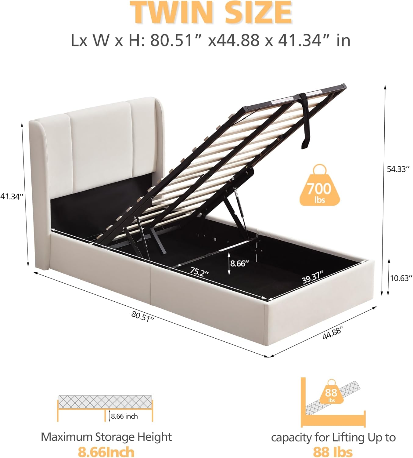VELOCAVA Lift Up Storage Bed Frame, Velvet-Look Upholstered Bed with Modern Wingback Headboard, Gas Lift Storage, Space Saving Design, No Box Spring Needed, White