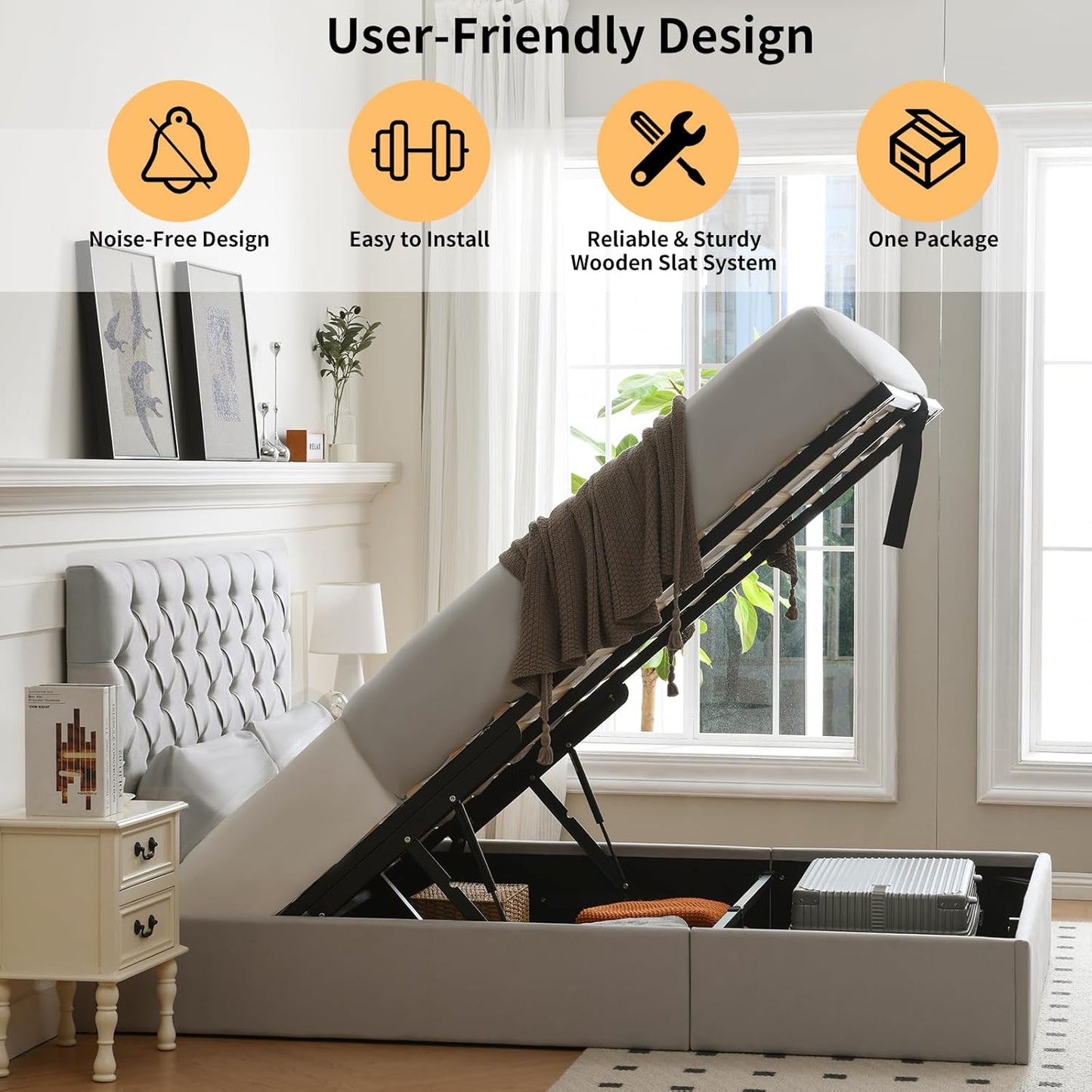 VELOCAVA Hydraulic Lift-Up Storage Bed, White Linen-Textured Upholstered Platform Frame with Button-Tufted Headboard, Modern Space-Saving Design, No Box Spring Required, Easy Assembly