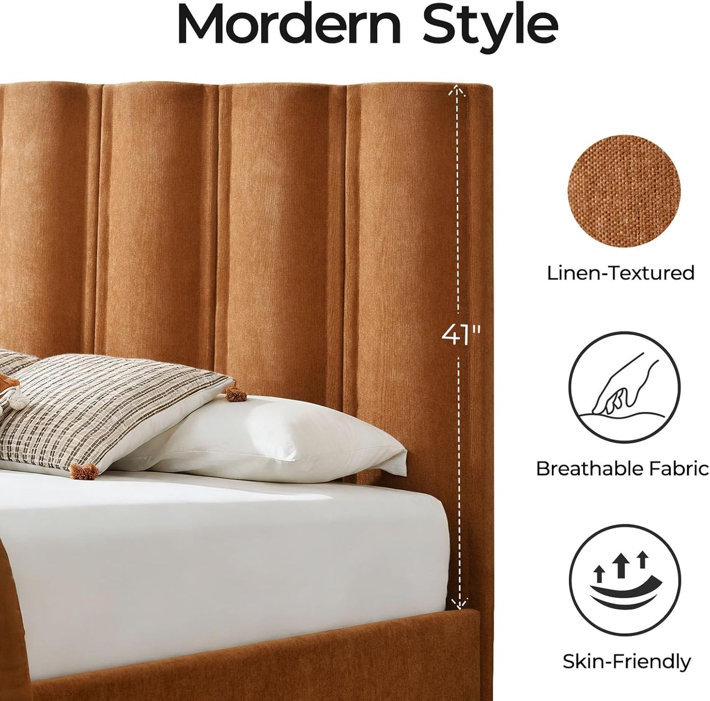 Lift Up Storage Bed, Upholstered Platform Bed Frame with Storage Underneath, 51.6'' Tall Vertical Channel Tufted Headboard, Linen-Textured, Hydraulic Support, No Box Spring Needed, Brown