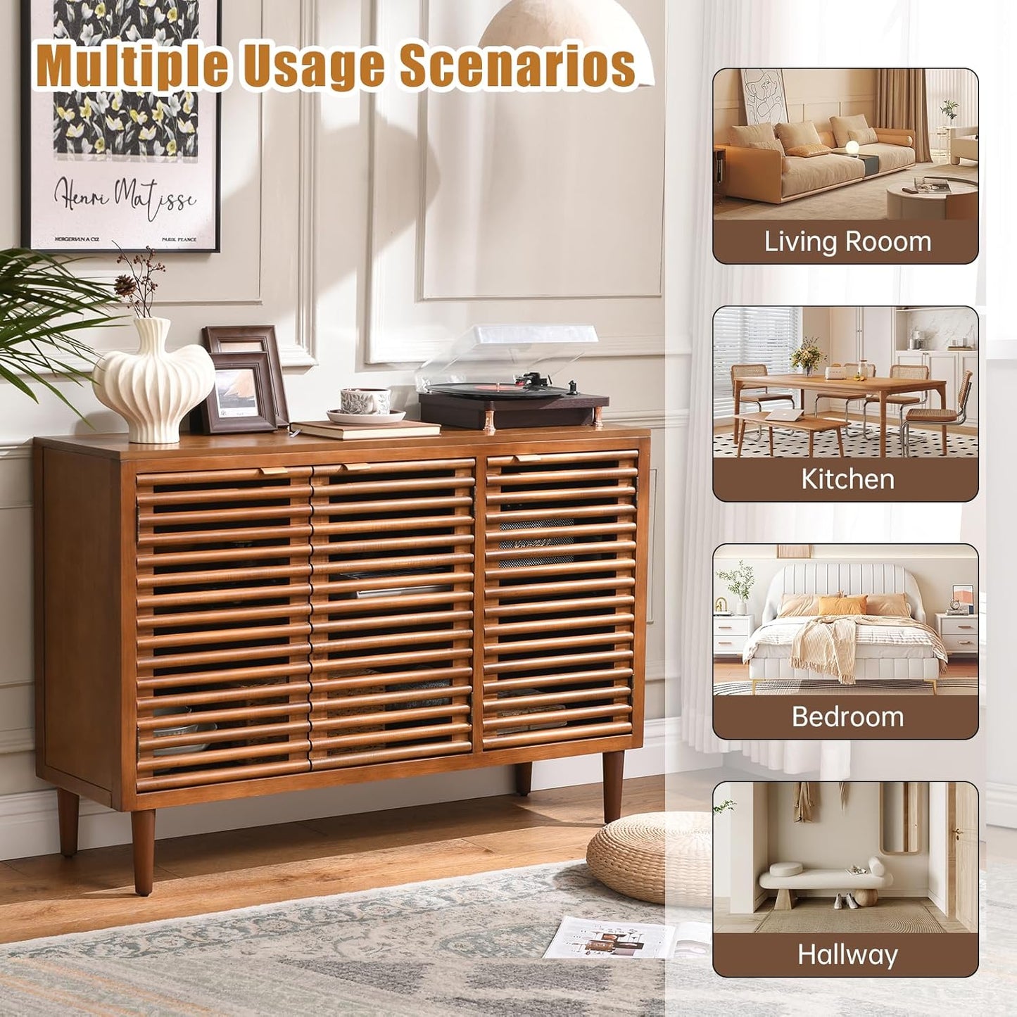 46" Mid-Century Modern Sideboard, Brown Storage Cabinet with Slatted Doors and Adjustable Shelves, 3-Door Buffet Cabinet for Dining Room, Entryway, or Living Room, Walnut Finish