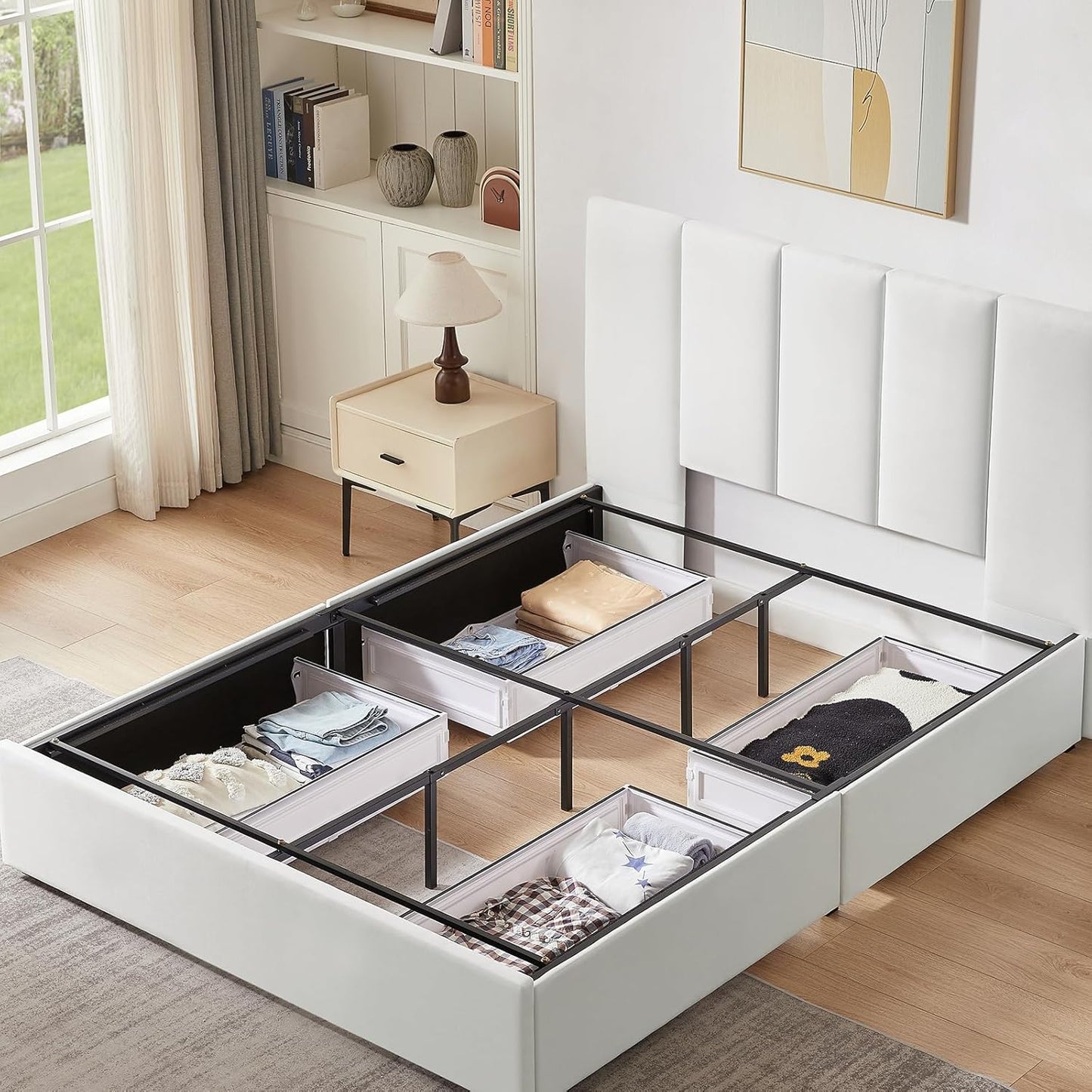 VELOCAVA Upholstered Bed with 4 Storage Drawers, Modern Linen Platform Bed Frame with Vertical Channel Headboard, Sturdy Wood Slats, Space-Saving Design, No Box Spring Needed, White