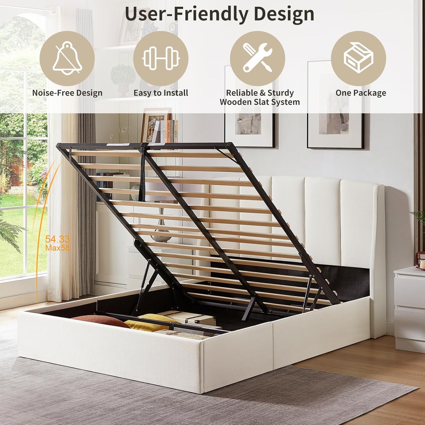 VELOCAVA Lift Up Storage Bed, Soft Upholstered Beds with Hydraulic Mechanism, Modern Wingback Headboard with Vertical Channel Design, Wooden Slat Support, Easy Assembly, White