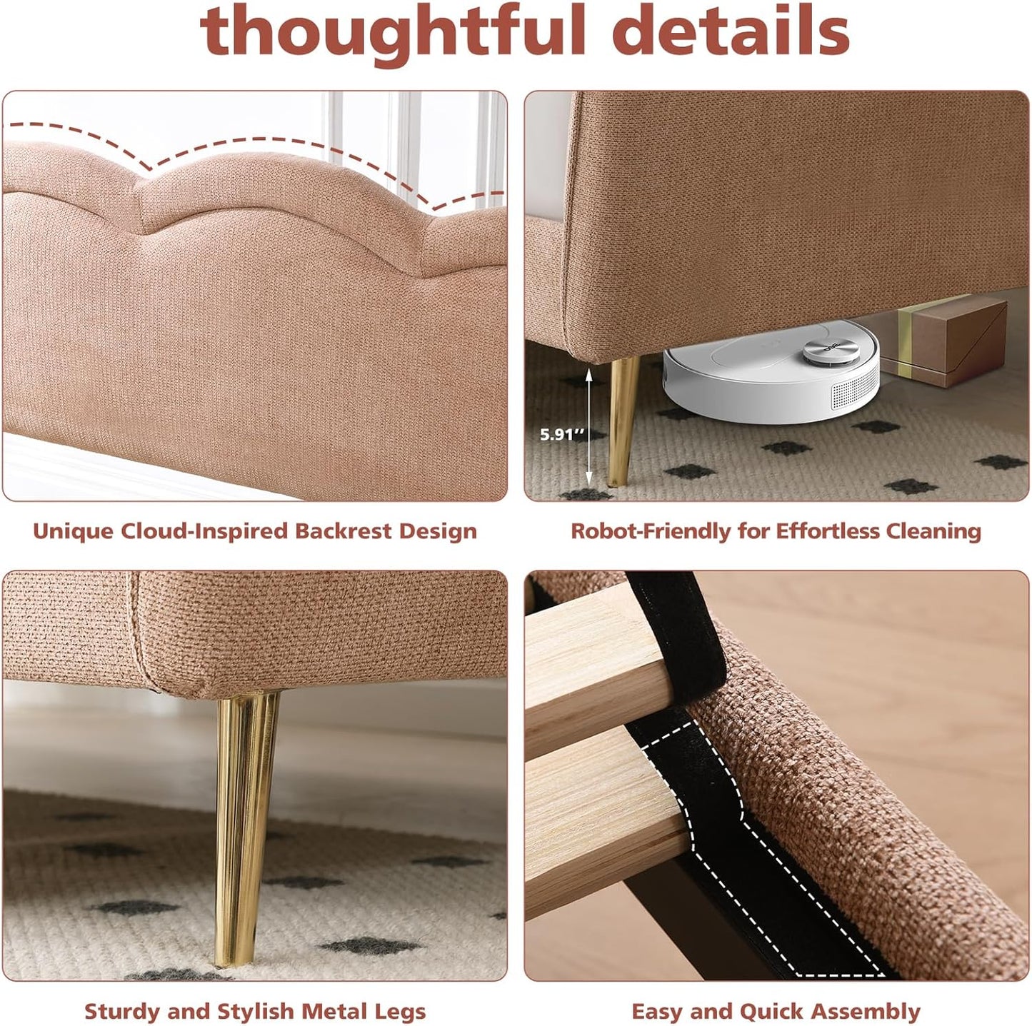 VELOCAVA Twin Size Upholstered Daybed with Cloud-Shaped Backrest, Modern Linen Sofa Bed with Metal Legs, Wood Slat Support for Bedroom, Living Room, Guest Room, Blush Pink