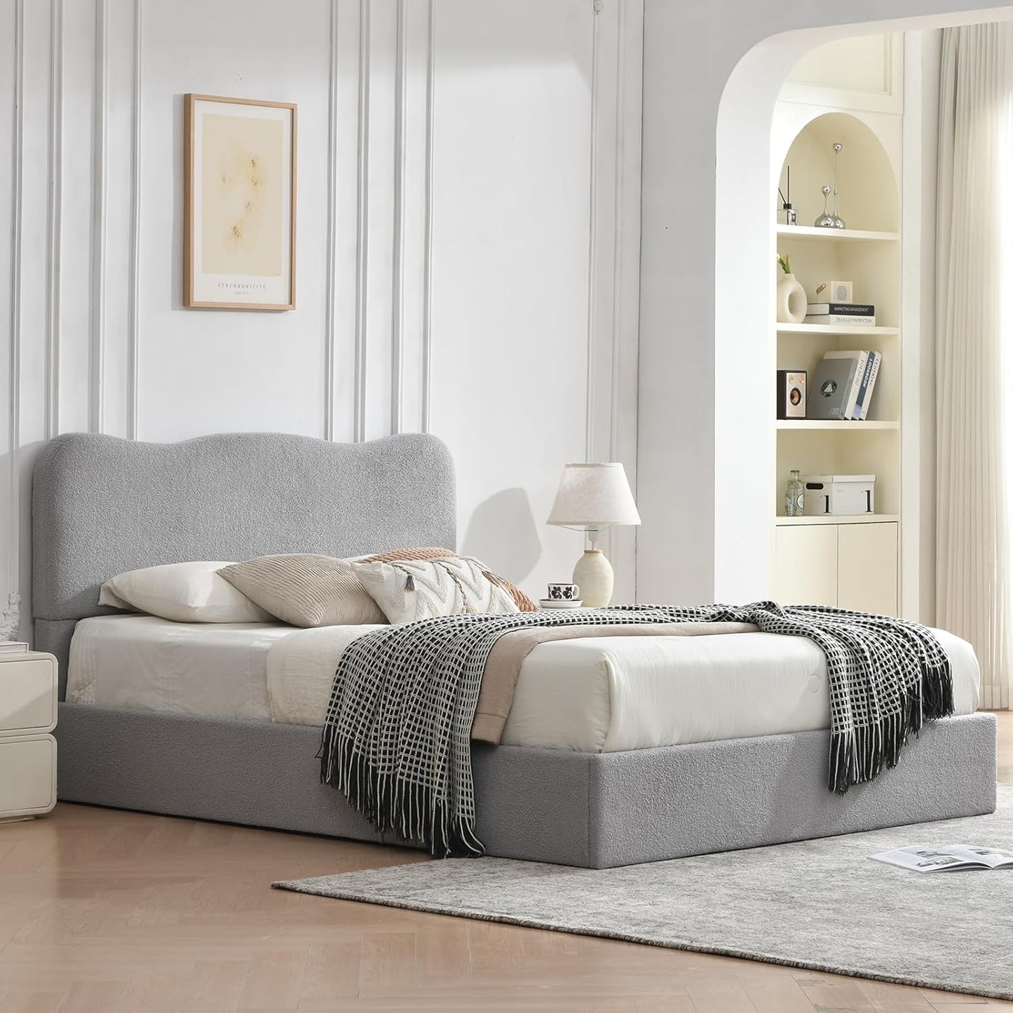 VELOCAVA Lift-Up Storage Bed, Modern Upholstered Boucle Bed with Curved Headboard, Gas Lift Platform, Sturdy Wooden Slat Support, No Box Spring Needed, Easy Assembly, Light Gray