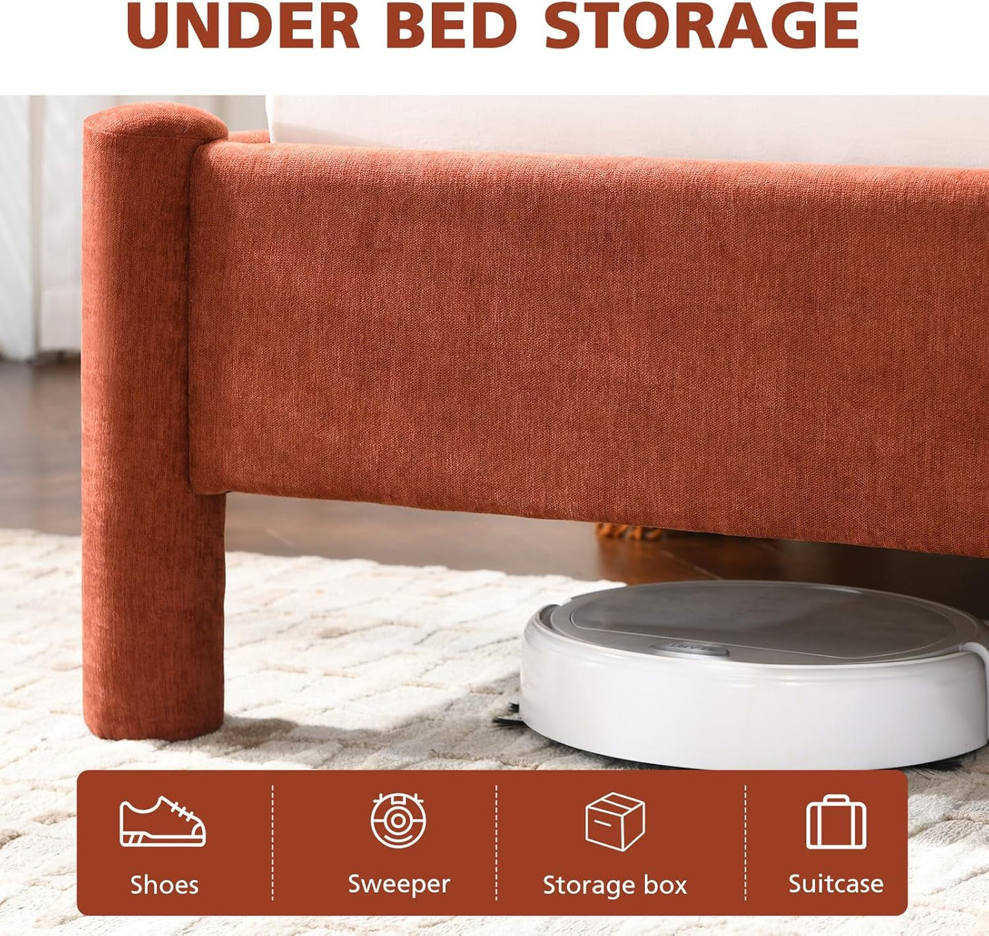 VELOCAVA Upholstered Platform Bed Frame with Curved Headboard and Cylindrical Legs, Rounded Corners Design, Sturdy 30-Slat Support, Easy Assembly, Linen-Blend Fabric, Burnt Terracotta