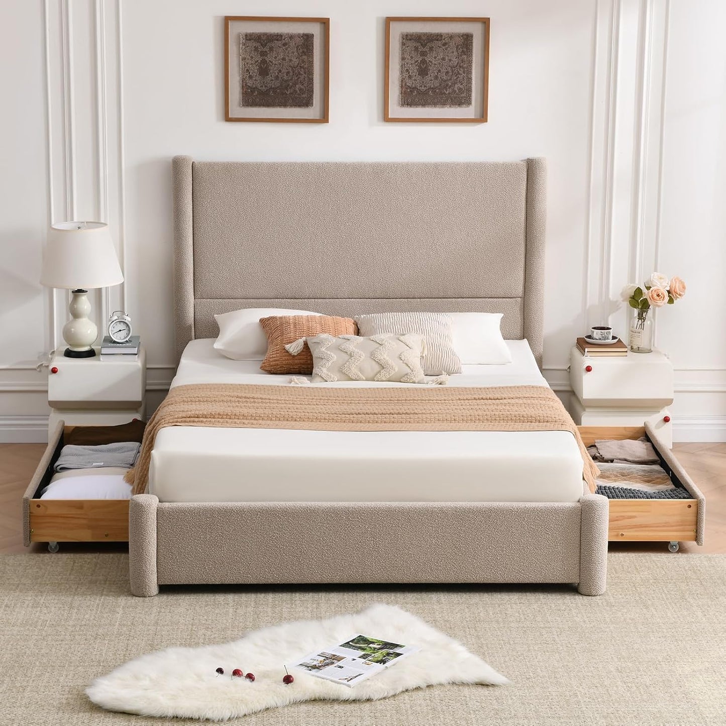 VELOCAVA Upholstered Bed Frame with 51.77" Tall Headboard and Soft Rounded Corners, Side Storage Drawers, 12-Slat Support, No Box Spring Needed, Bouclé Texture, Beige
