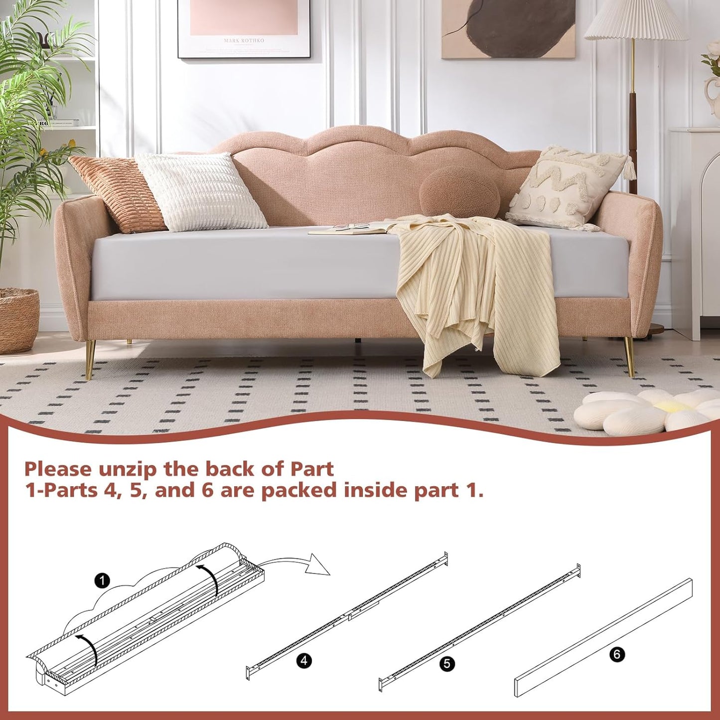 VELOCAVA Twin Size Upholstered Daybed with Cloud-Shaped Backrest, Modern Linen Sofa Bed with Metal Legs, Wood Slat Support for Bedroom, Living Room, Guest Room, Blush Pink