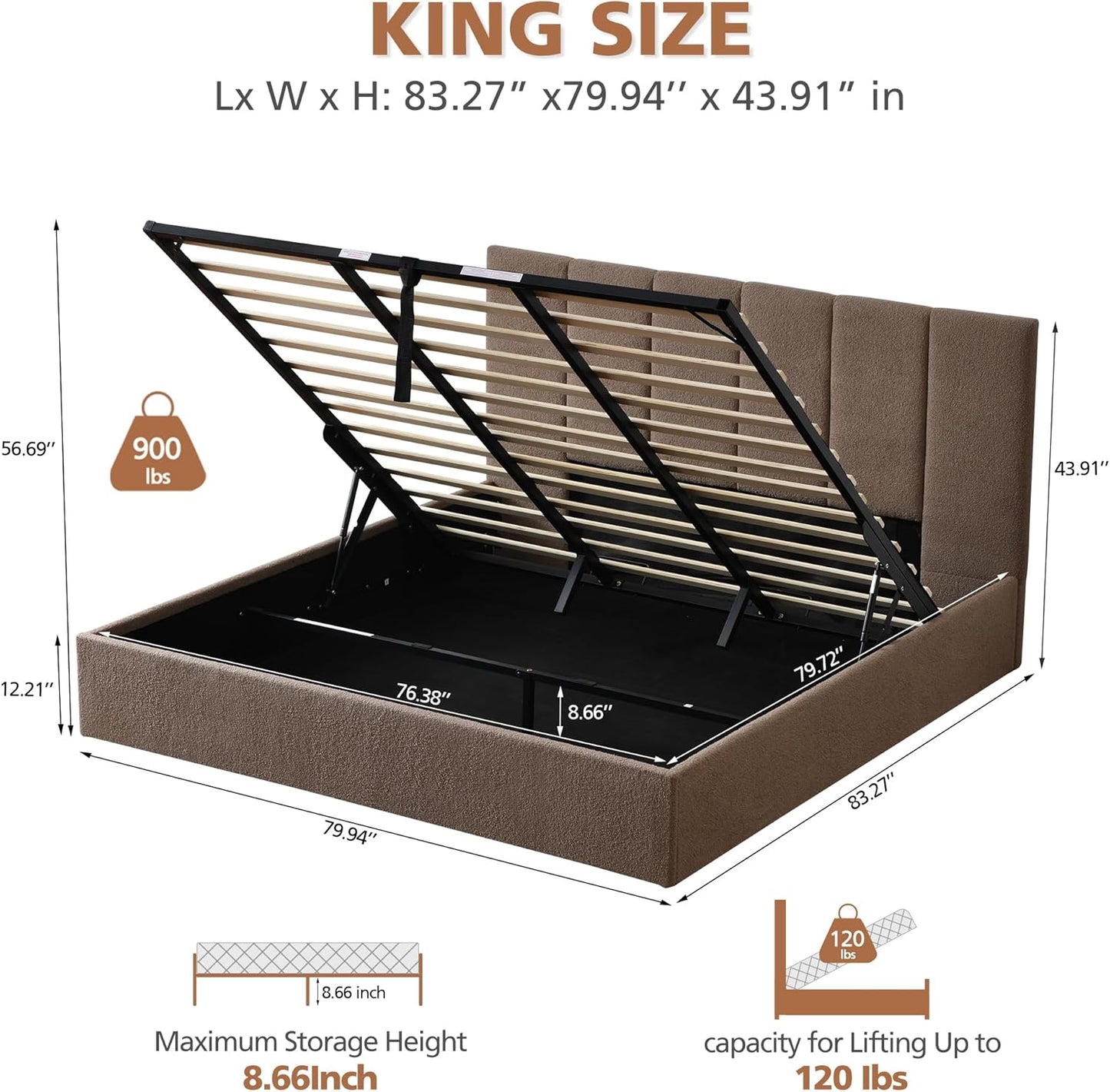 VELOCAVA Lift-Up Storage Bed Frame, Boucle Upholstered Platform Bed with Vertical Channel Headboard, Hydraulic Storage, Sturdy Wooden Slat Support, No Box Spring Needed, Brown