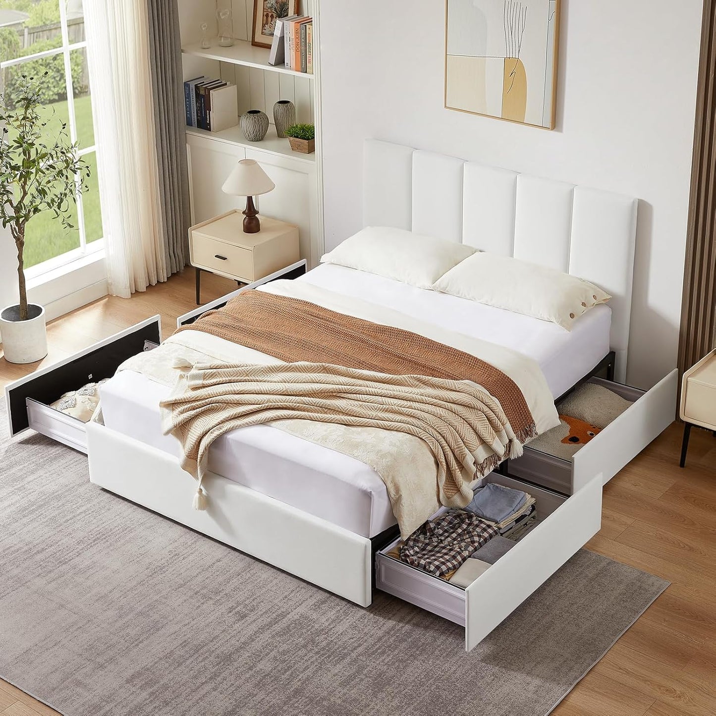 VELOCAVA Upholstered Bed with 4 Storage Drawers, Modern Linen Platform Bed Frame with Vertical Channel Headboard, Sturdy Wood Slats, Space-Saving Design, No Box Spring Needed, White