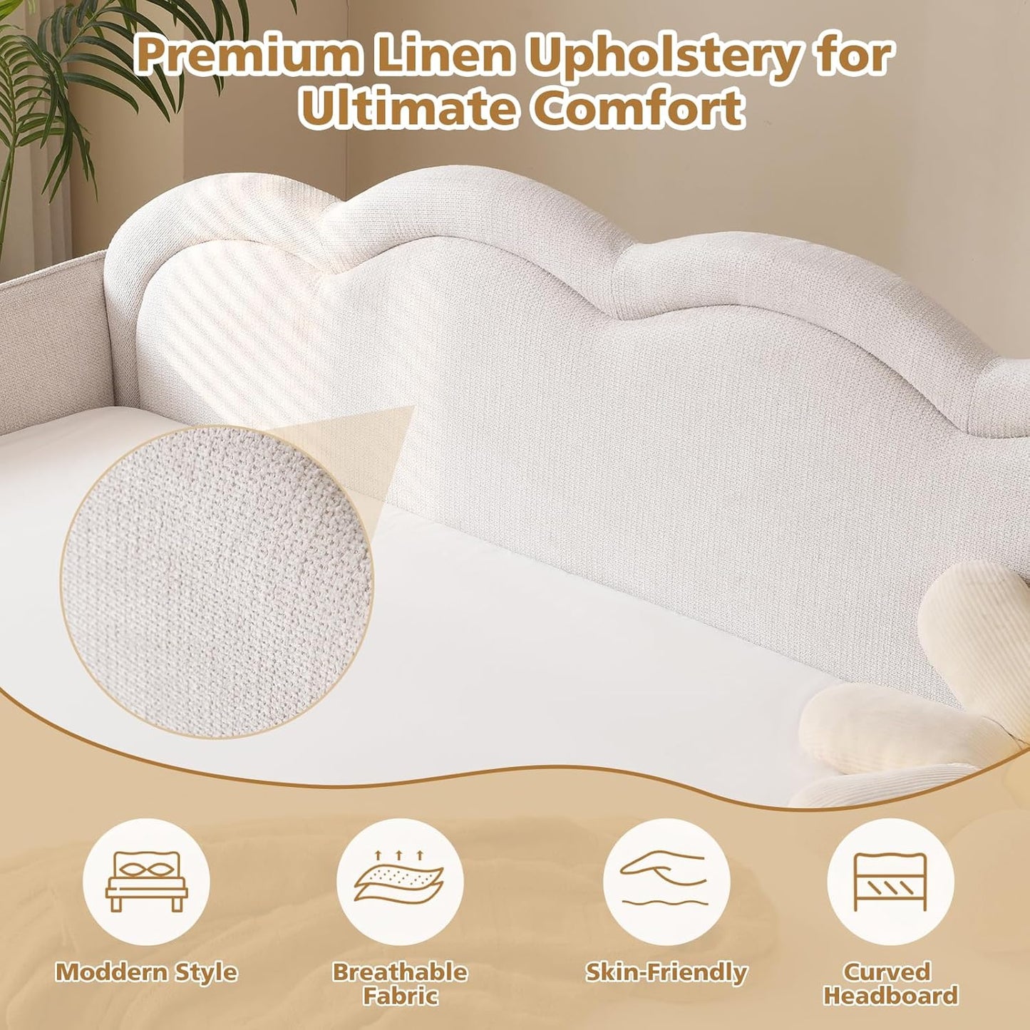 VELOCAVA Twin Size Upholstered Daybed with Cloud-Shaped Backrest, Modern Linen Sofa Bed with Metal Legs, Wood Slat Support for Bedroom, Living Room, Guest Room, Beige White