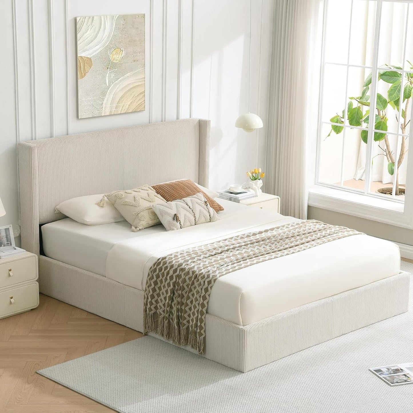 VELOCAVA Lift-Up Storage Bed, Modern Upholstered Corduroy White Bed with Wingback Headboard, Hydraulic Lift Platform, Sturdy Wooden Slat Support, No Box Spring Needed, Easy Assembly