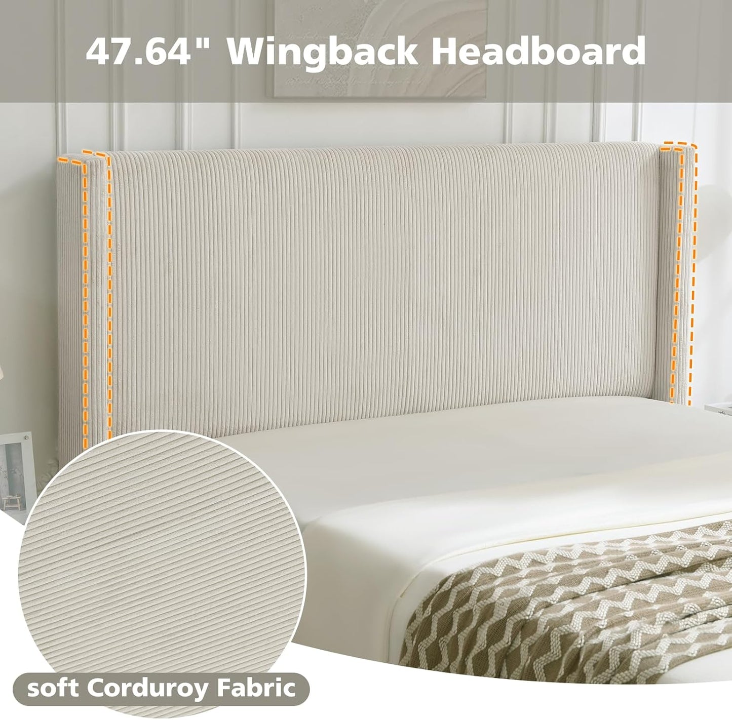 VELOCAVA Lift-Up Storage Bed, Modern Upholstered Corduroy White Bed with Wingback Headboard, Hydraulic Lift Platform, Sturdy Wooden Slat Support, No Box Spring Needed, Easy Assembly