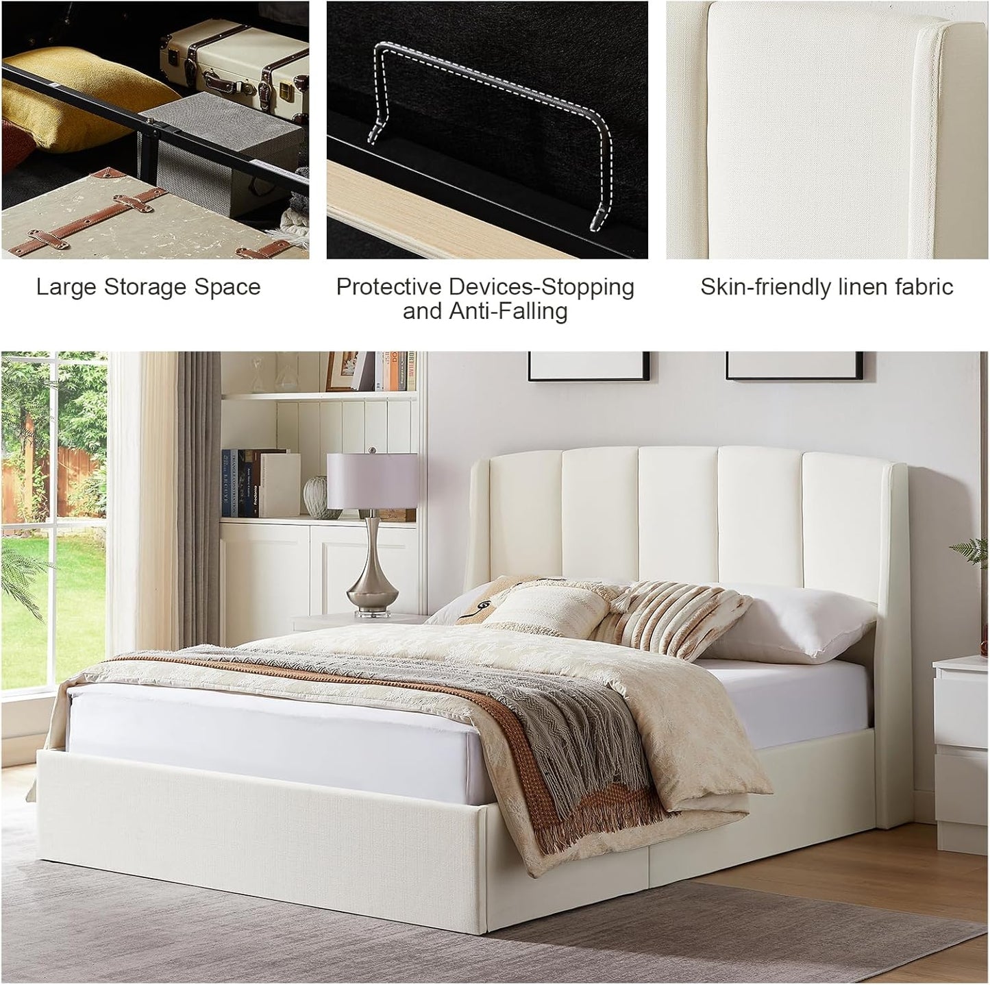VELOCAVA Lift Up Storage Bed, Soft Upholstered Beds with Hydraulic Mechanism, Modern Wingback Headboard with Vertical Channel Design, Wooden Slat Support, Easy Assembly, White
