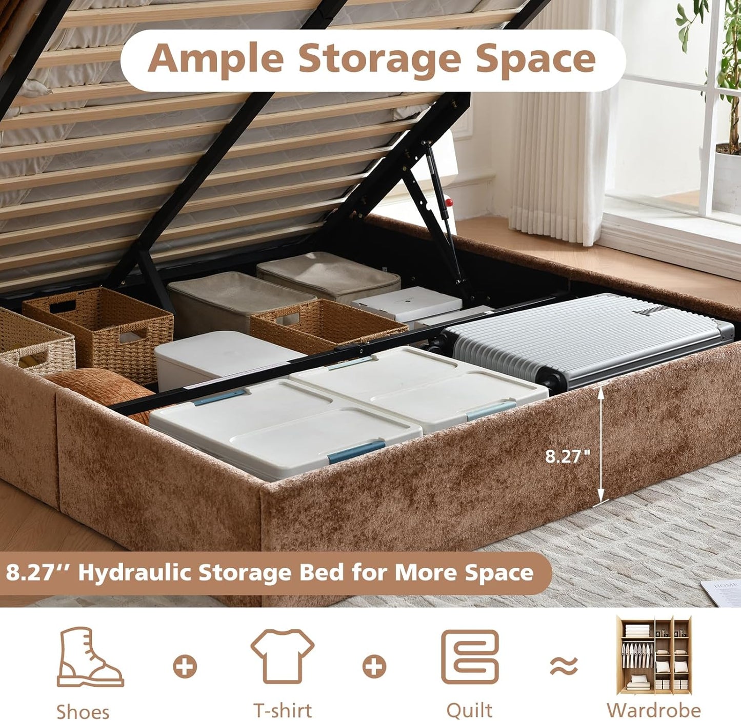 VELOCAVA Lift-Up Storage Bed, Upholstered Platform Bed with Soft Tufted Headboard, Plush Velvet Fabric, No Box Spring Needed, Camel Brown