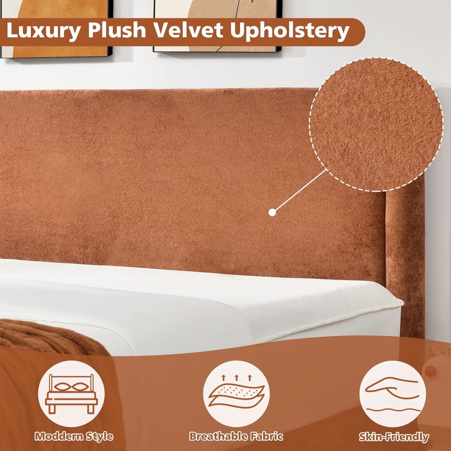 VELOCAVA Upholstered Platform Bed Frame with Soft Rounded Corners, 44.88" Tall Headboard, Luxury Plush Velvet Upholstery, 11 Slats &amp; 5 Center Legs, No Box Spring Needed, Rust Orange