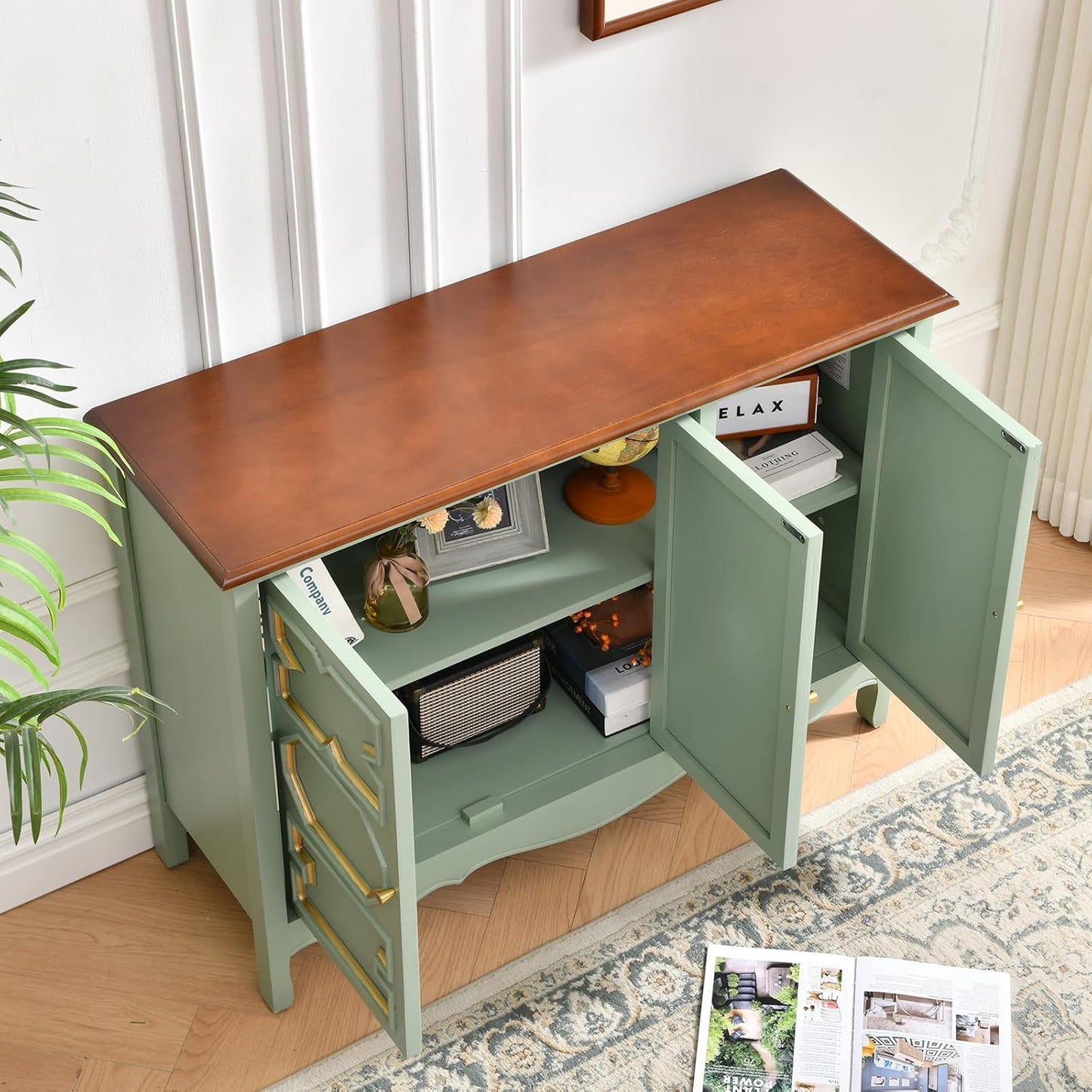 Vintage Green 3-Door Accent Cabinet with Geometric Gold-Trim Resin and Gold Handles, 40" Storage Sideboard with Adjustable Shelf, Buffet Cabinet for Dining Room, Entryway, or Living Room